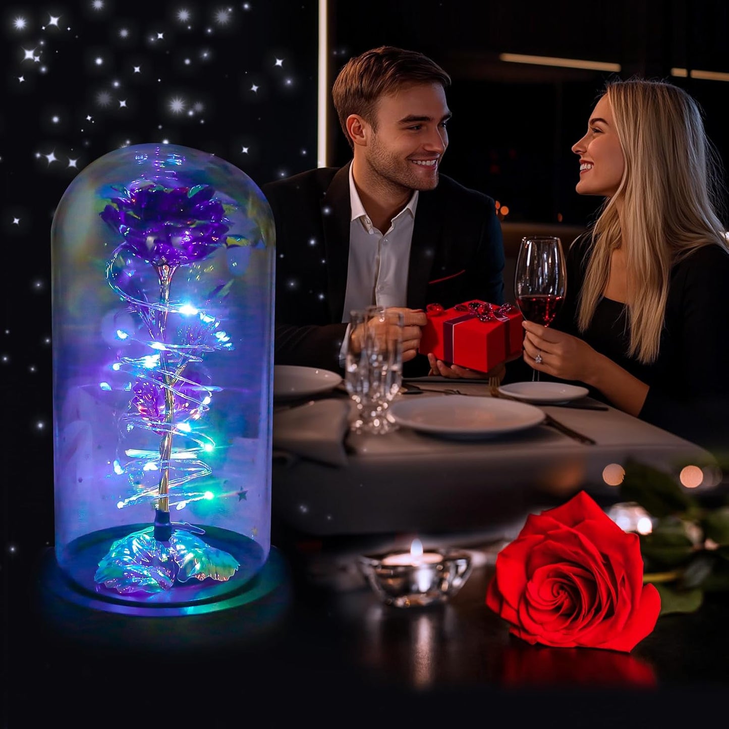 Rotating Purple LED Rose in Glass Dome – Romantic Gifts for Her, Anniversary