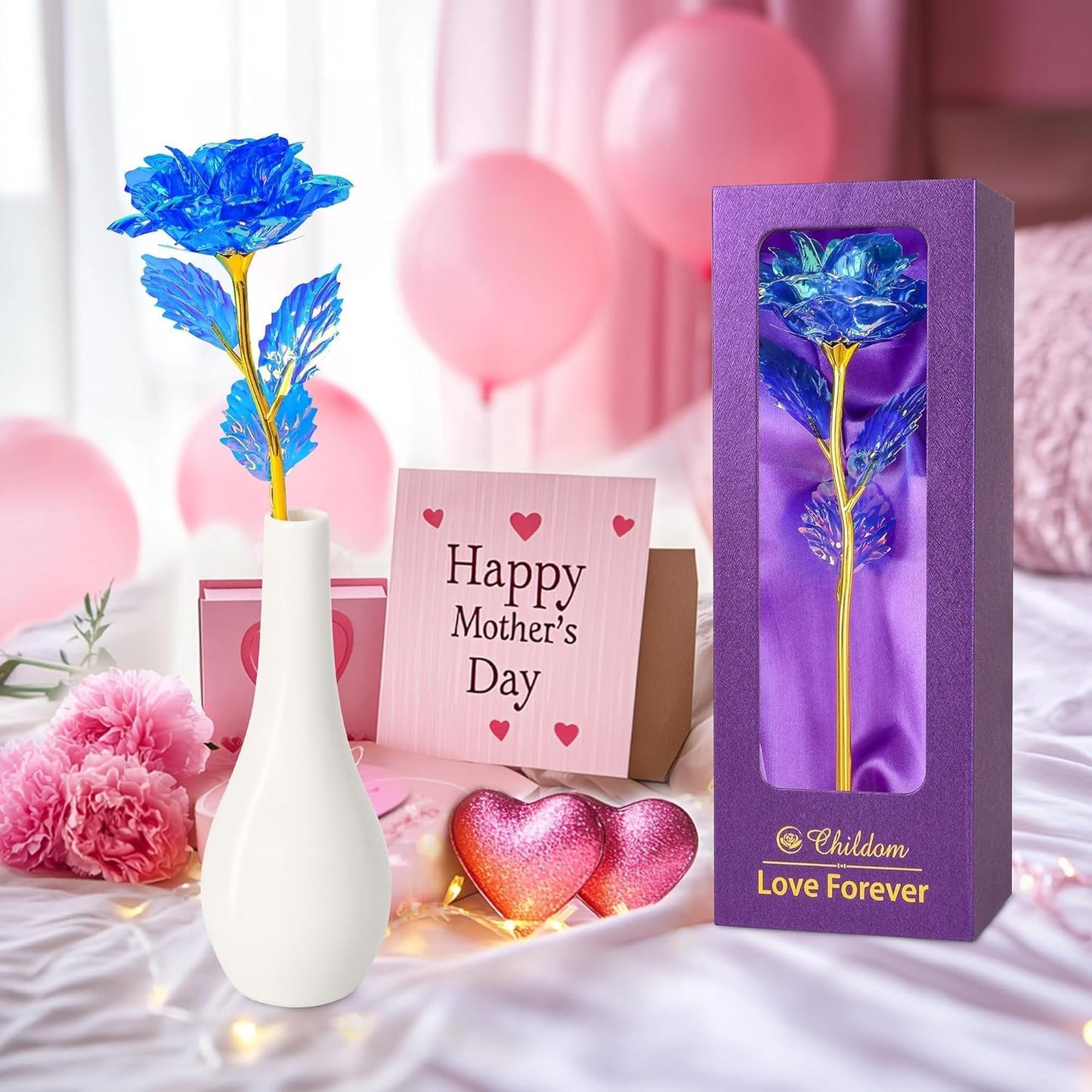 Artificial Blue Rose in Vase – Realistic Faux Flower Home Decor Gift