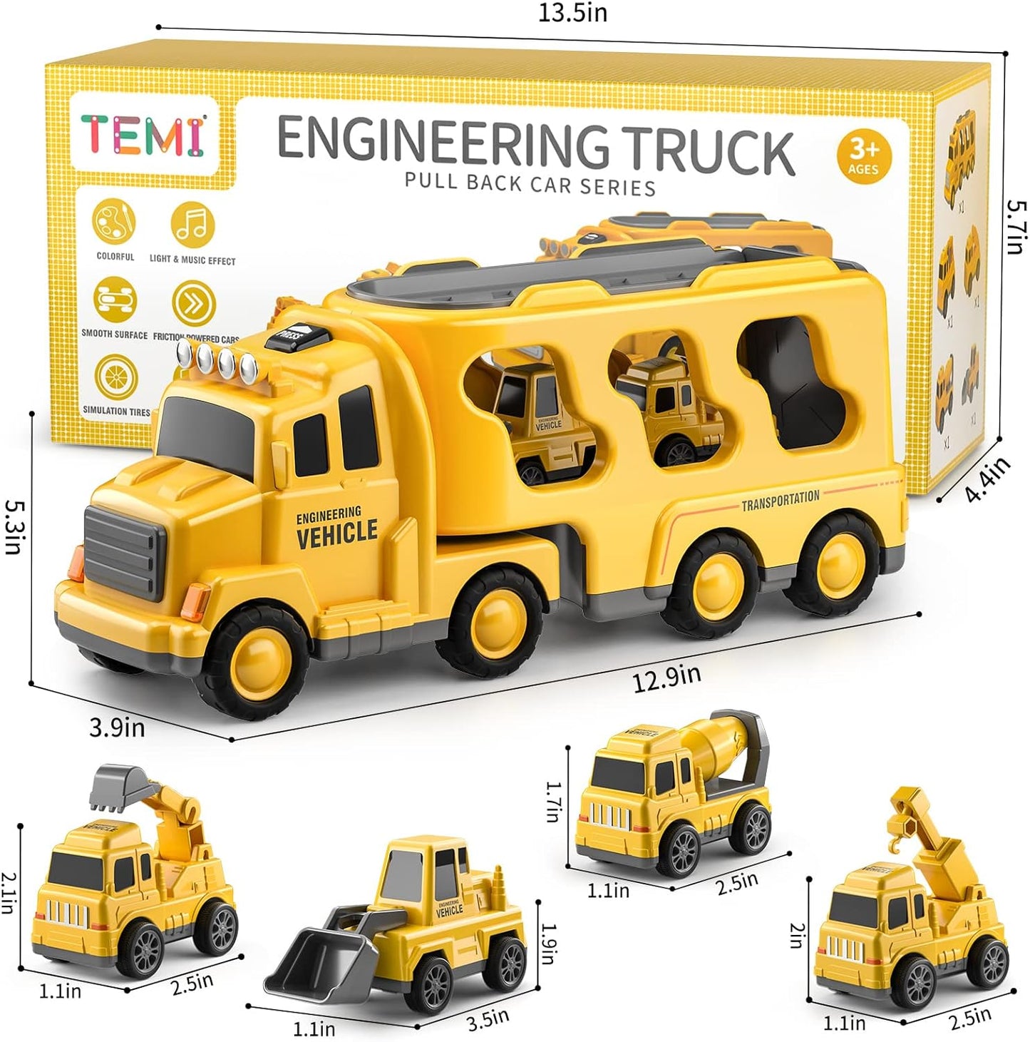 TEMI 5‑in‑1 Construction Truck Toy Set ‑ 4 Mini Vehicles, Friction Power, Ages 3‑9