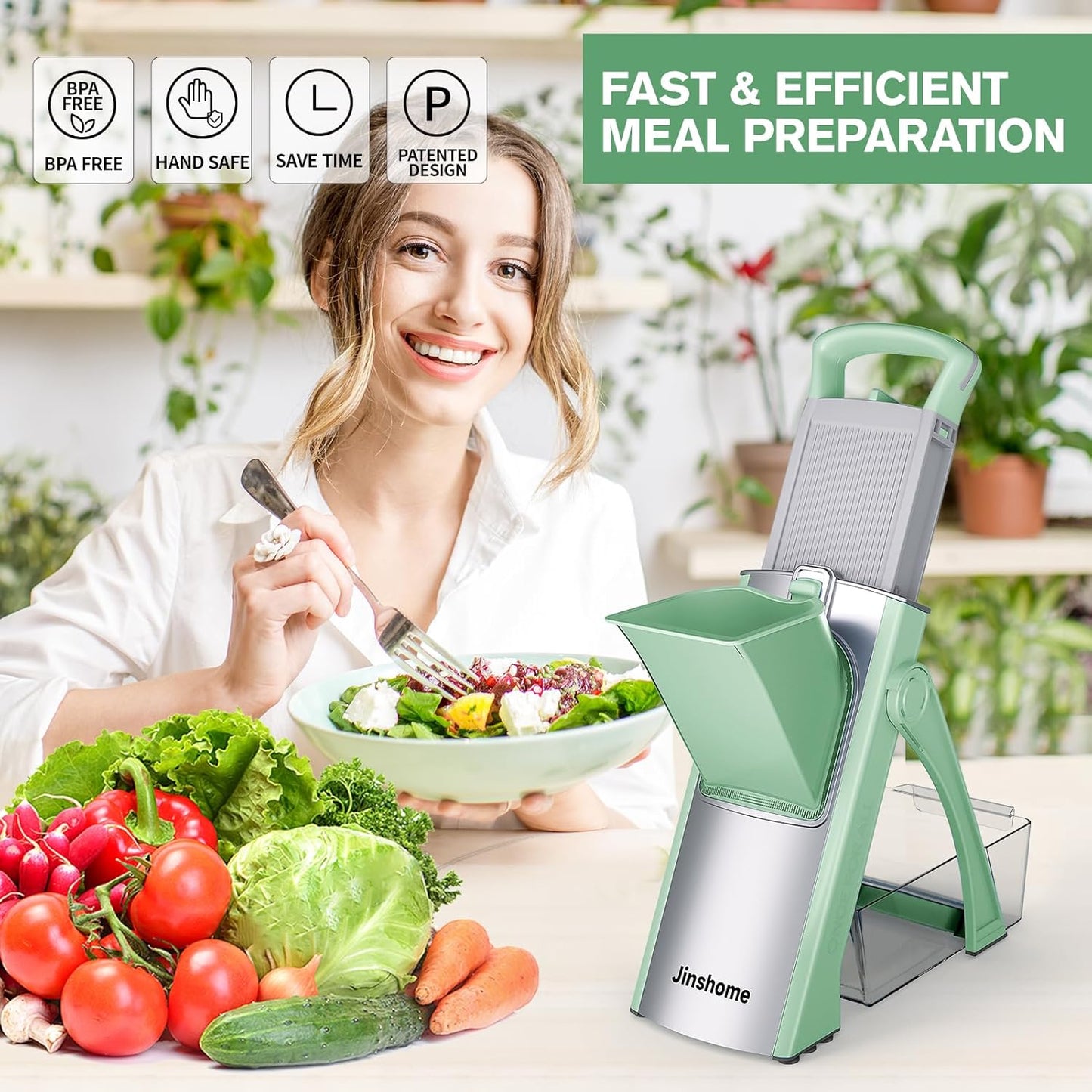 Jinshome Upgrade Safe Mandoline Slicer – Adjustable 40+ Cuts, BPA-Free, Easy-Clean