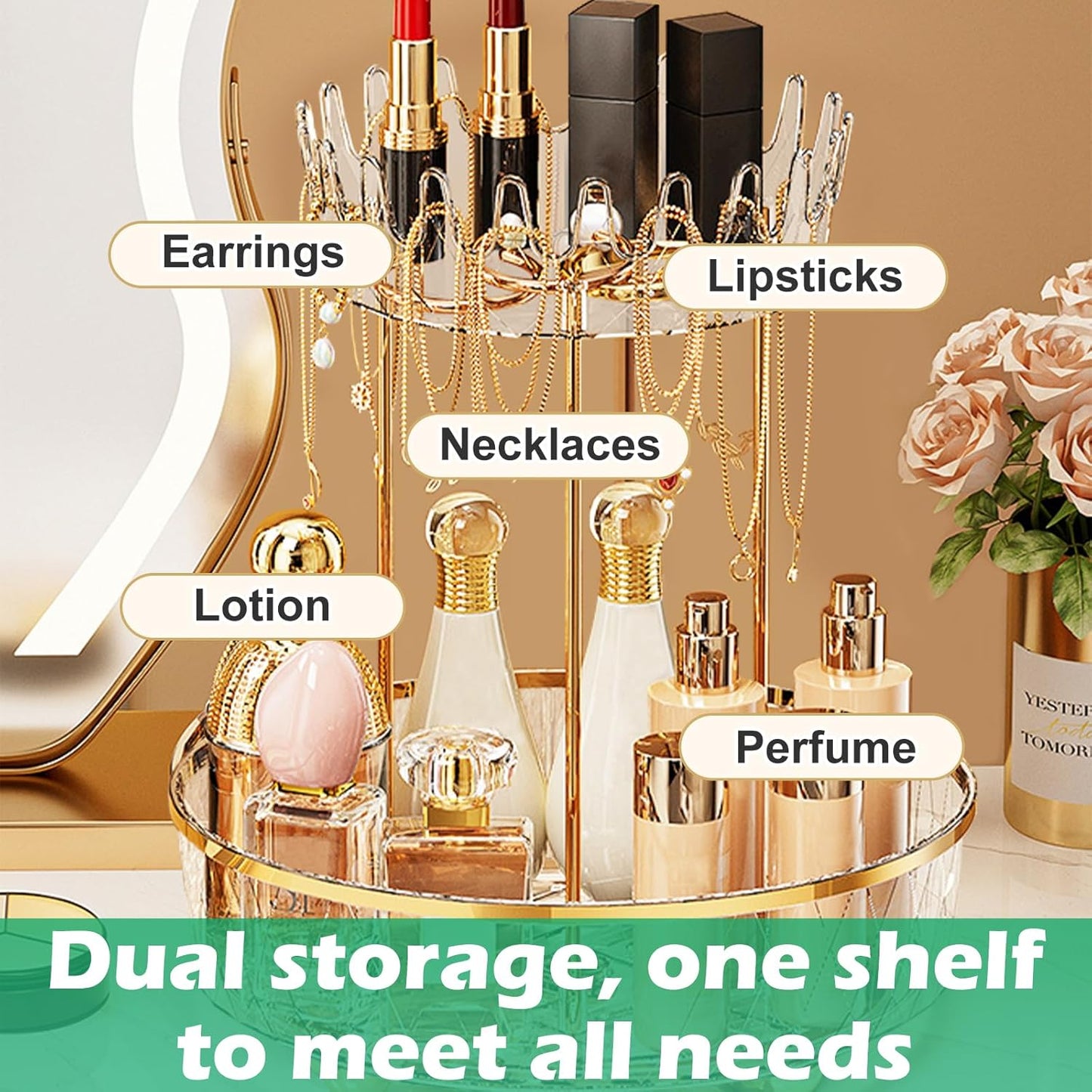 2-Tier 360° Rotating Makeup Organiser – Clear Vanity Storage for Skincare & Cosmetics