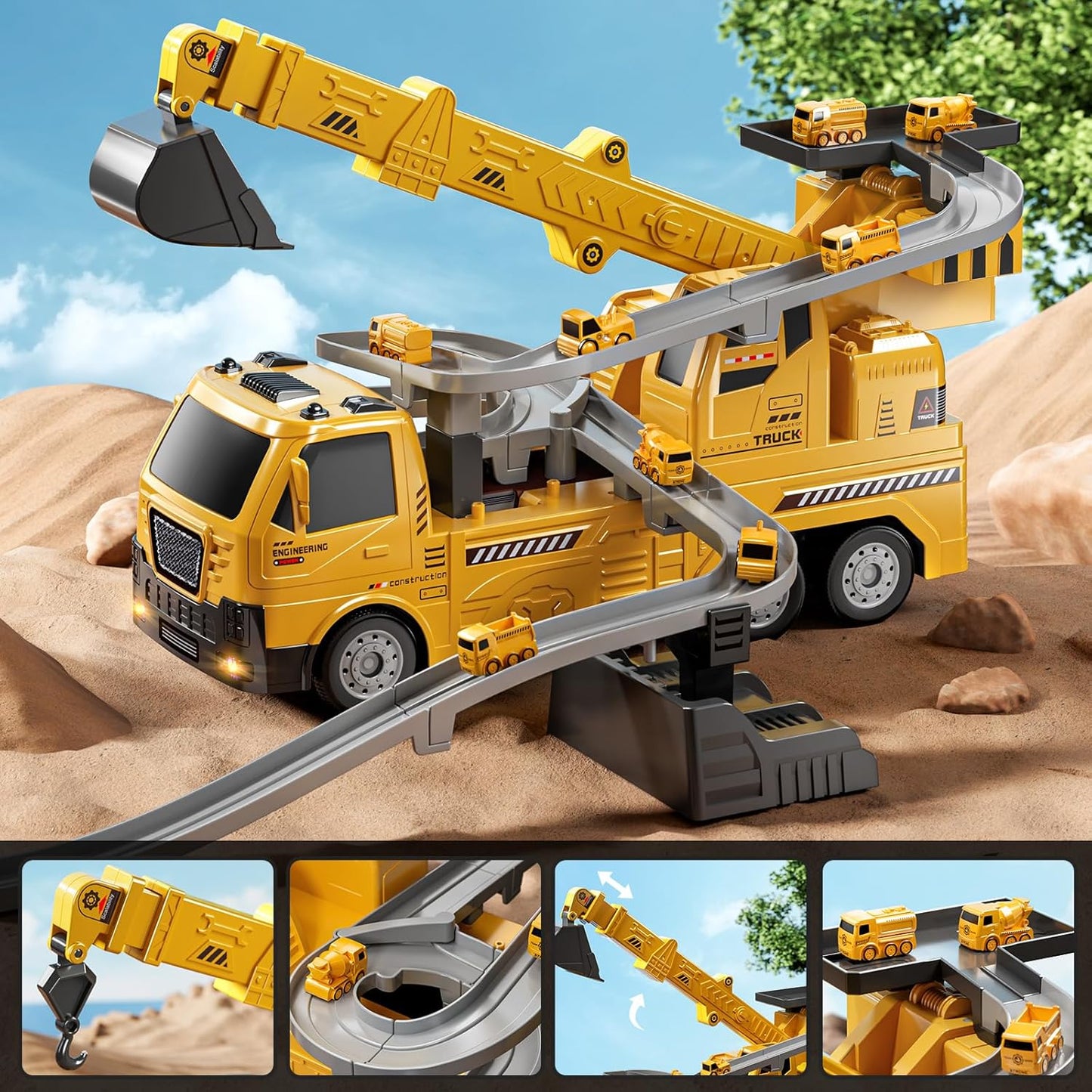 TEMI 2-in-1 Construction Truck Toy w/ LED Lights, 8 Mini Vehicles & Race Track