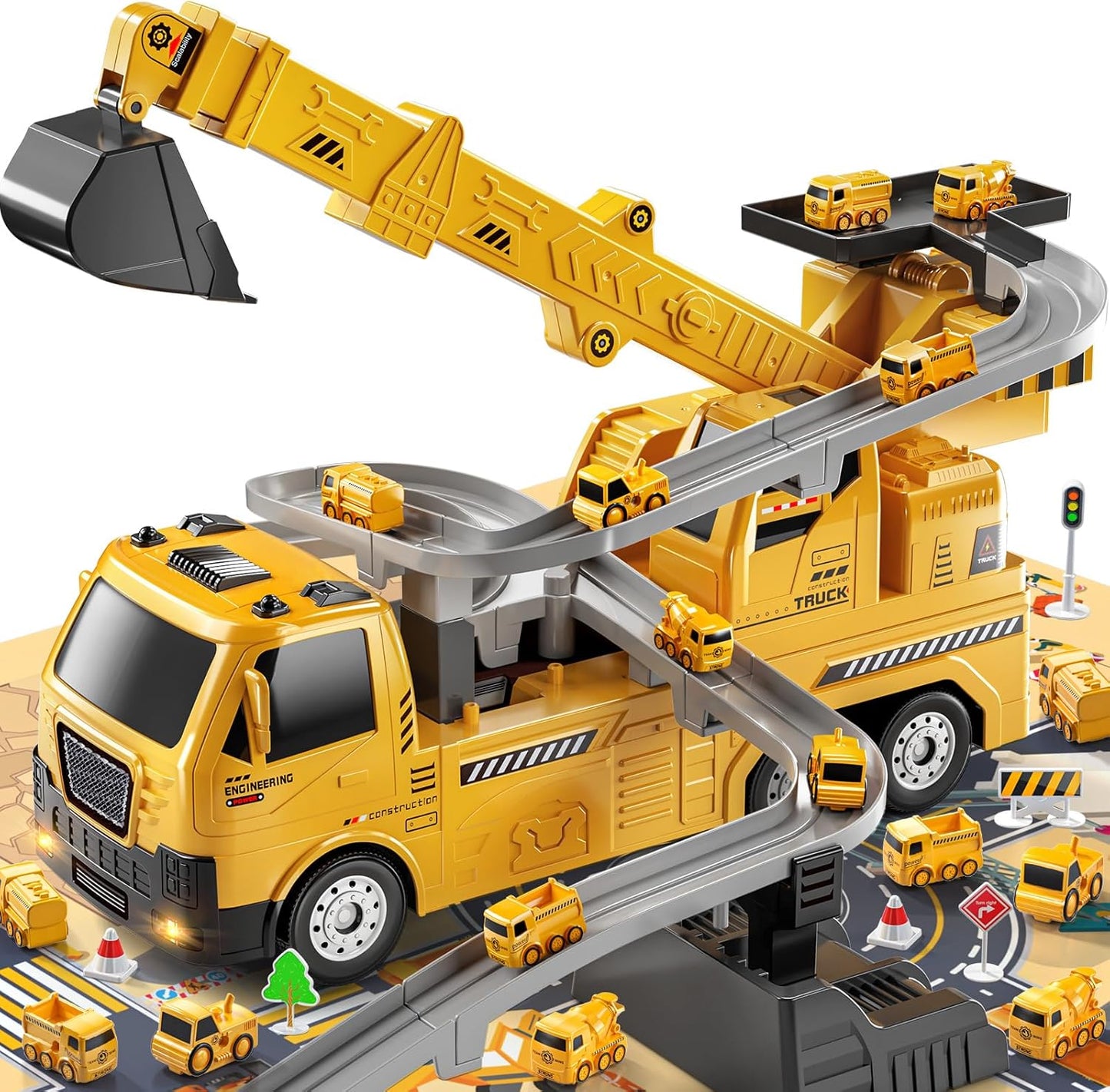 TEMI 2-in-1 Construction Truck Toy w/ LED Lights, 8 Mini Vehicles & Race Track