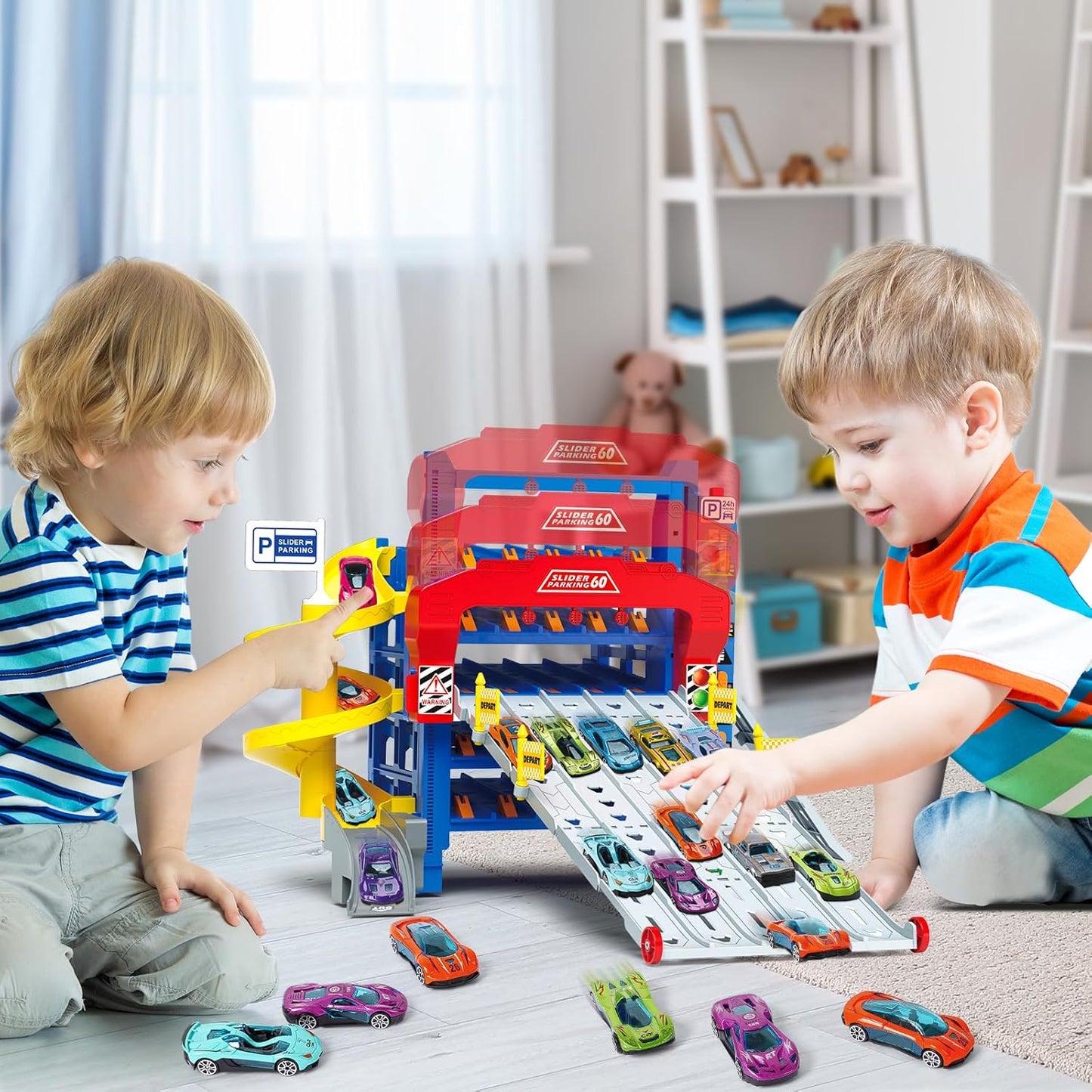 VATOS 5‑Level Sliding Track Truck Car Toy with 10 Cars – Storage & Playset