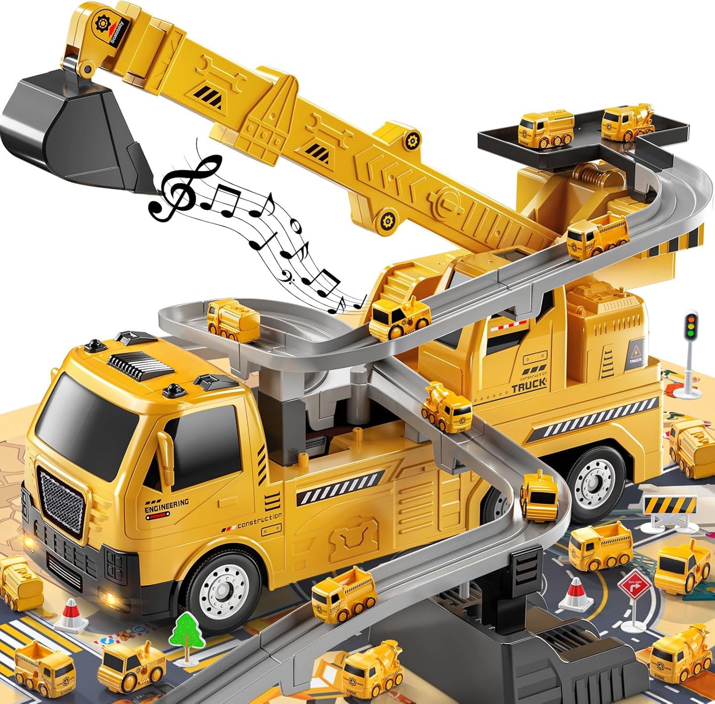 TEMI 2-in-1 Construction Truck Toy w/ LED Lights, 8 Mini Vehicles & Race Track