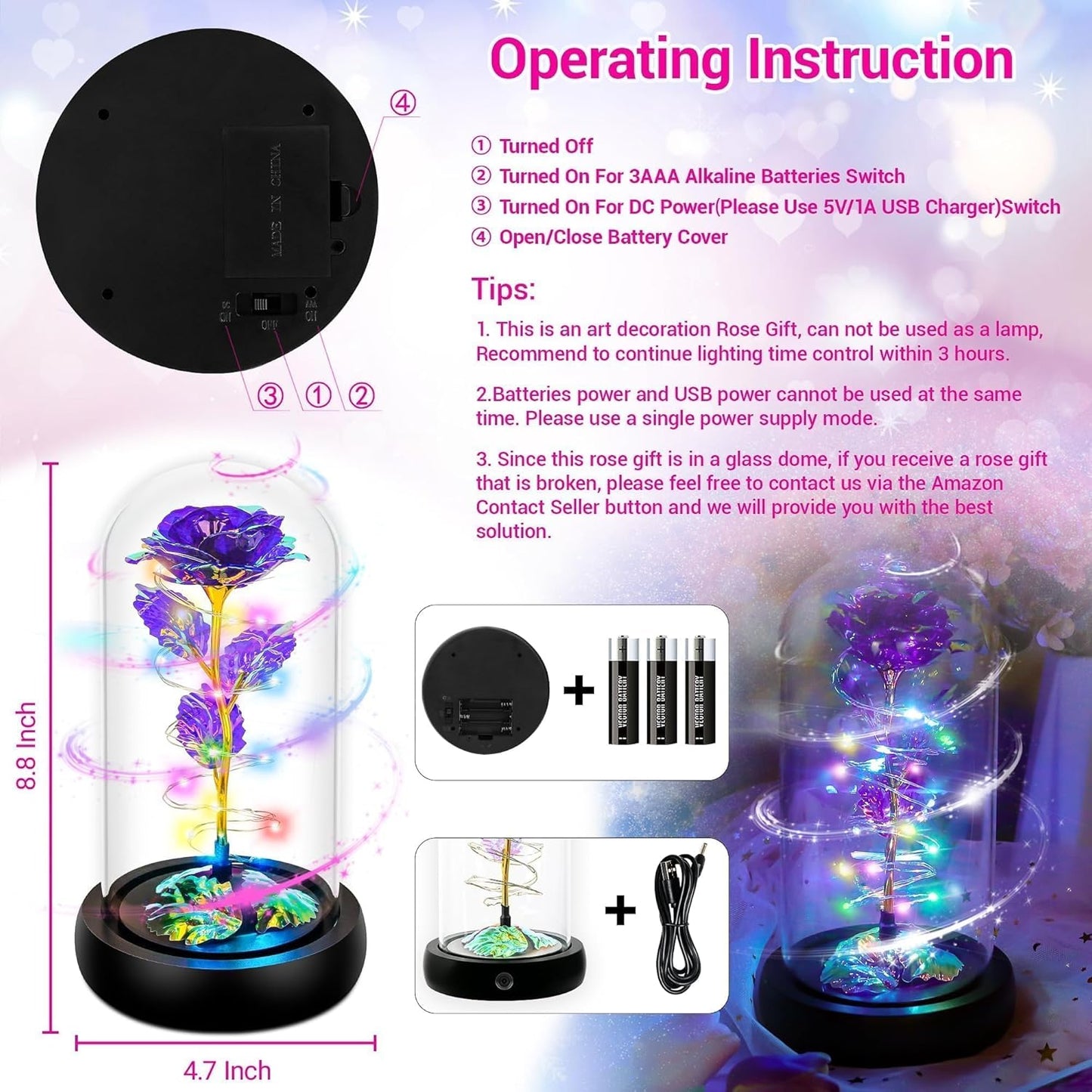 Rotating Purple LED Rose in Glass Dome – Romantic Gifts for Her, Anniversary