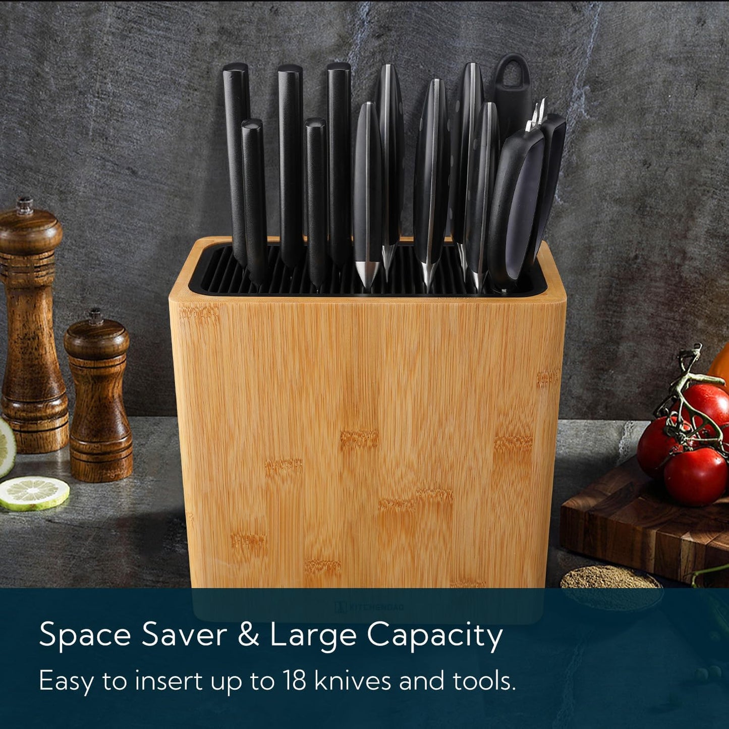KitchenDAO Bamboo Universal Knife Block – Holds Up to 16 Knives + Scissors & Sharpener