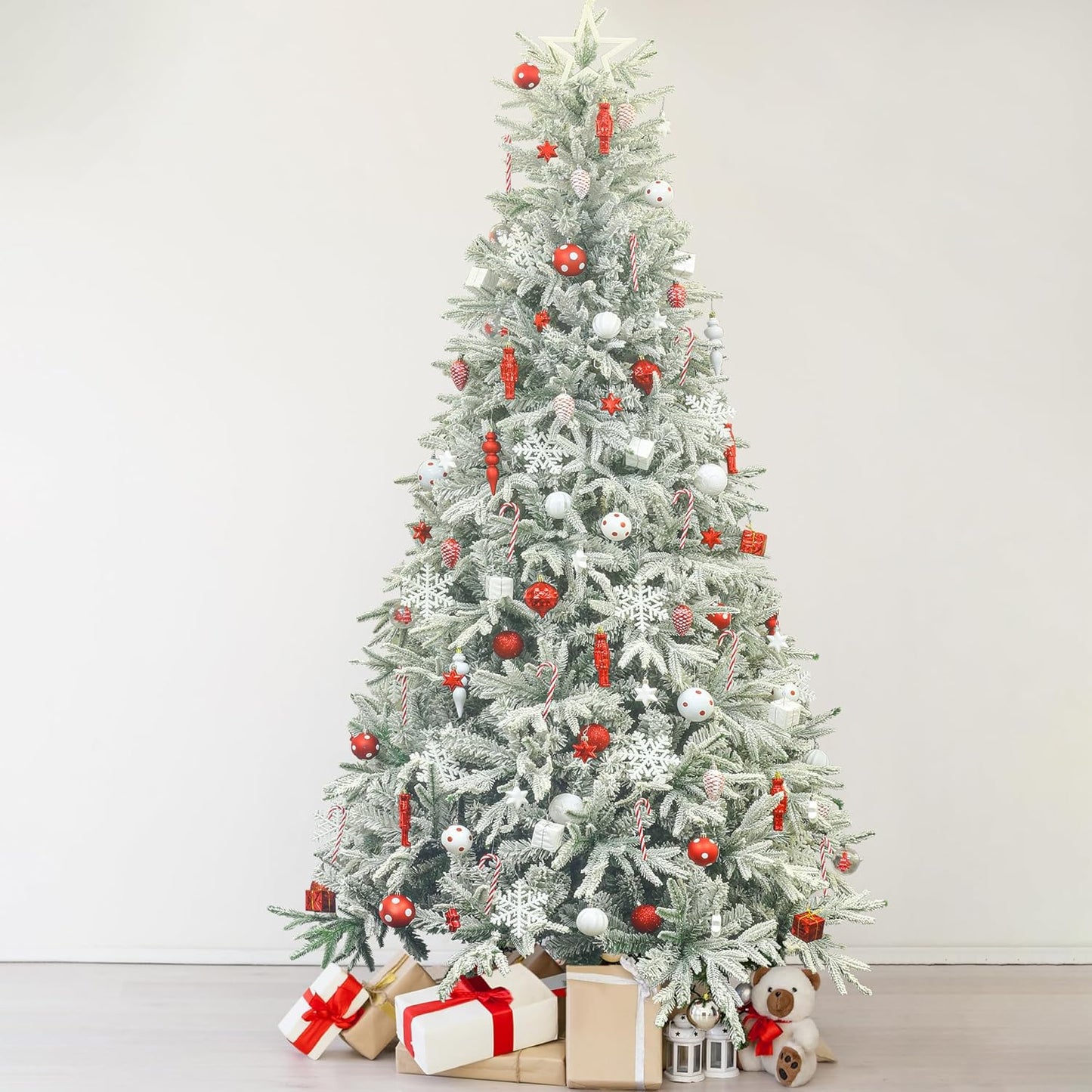 KI Store 6.5ft Flocked Christmas Tree Unlit Hinged Artificial Pine for Xmas Decor