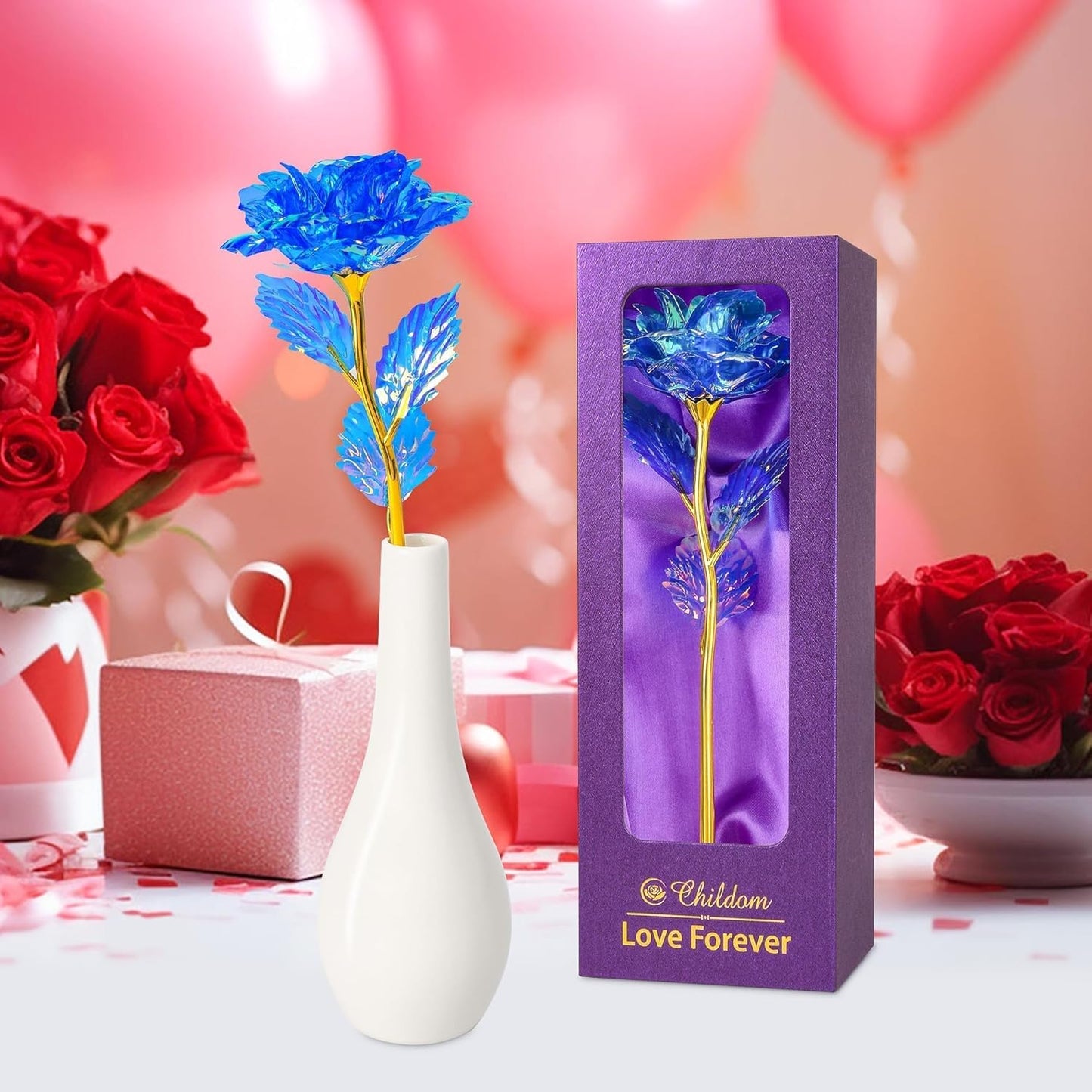 Artificial Blue Rose in Vase – Realistic Faux Flower Home Decor Gift