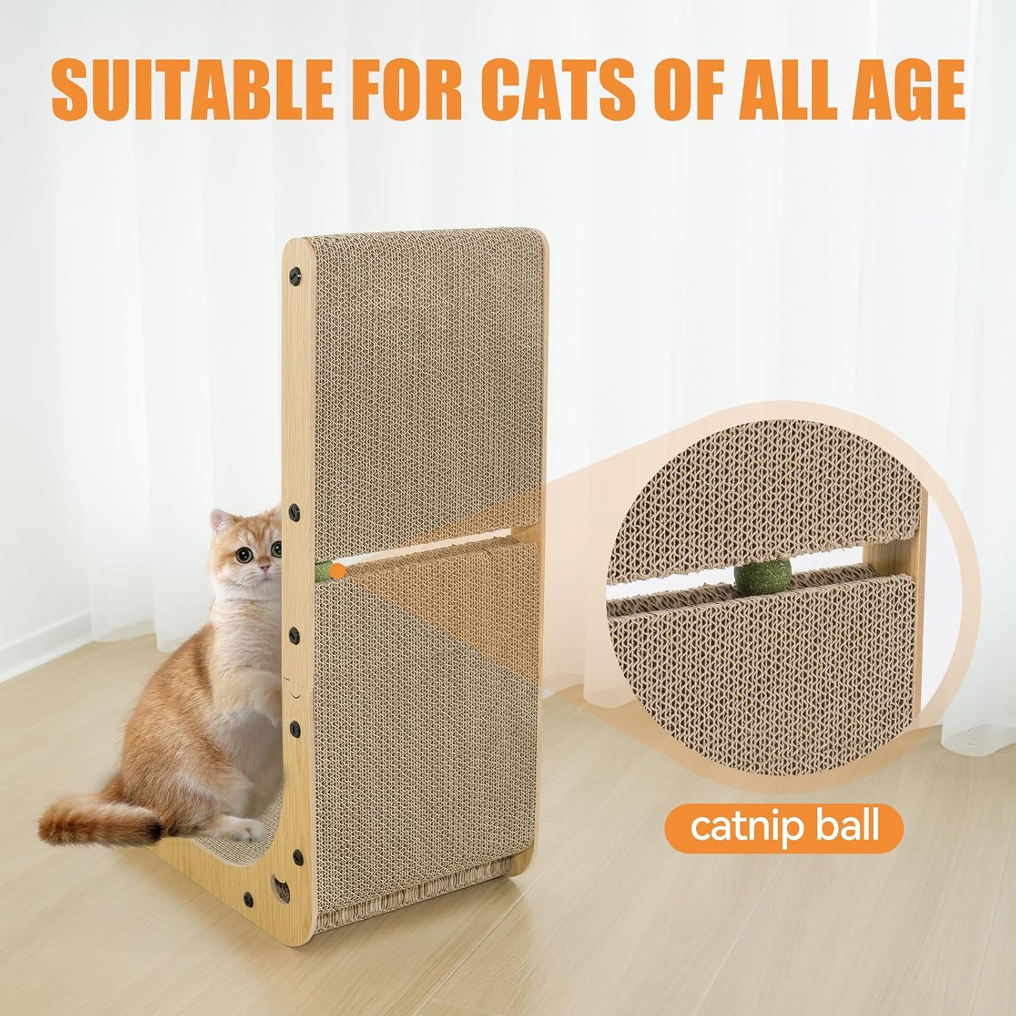 Dimaka L‑Shaped Vertical Cat Scratching Board 23.6″ – Cardboard with Catnip & Toy Ball