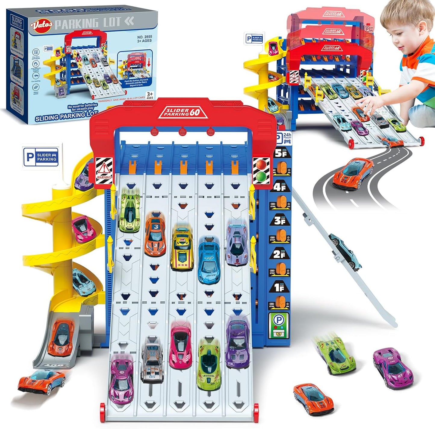 VATOS 5‑Level Sliding Track Truck Car Toy with 10 Cars – Storage & Playset