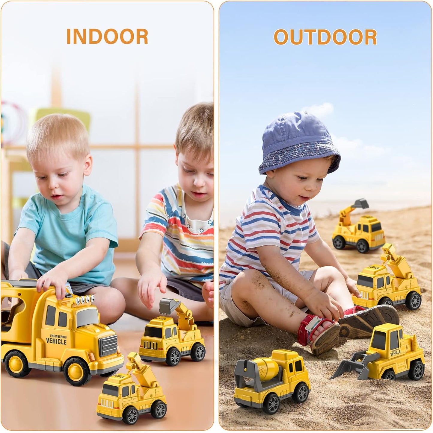 TEMI 5‑in‑1 Construction Truck Toy Set ‑ 4 Mini Vehicles, Friction Power, Ages 3‑9