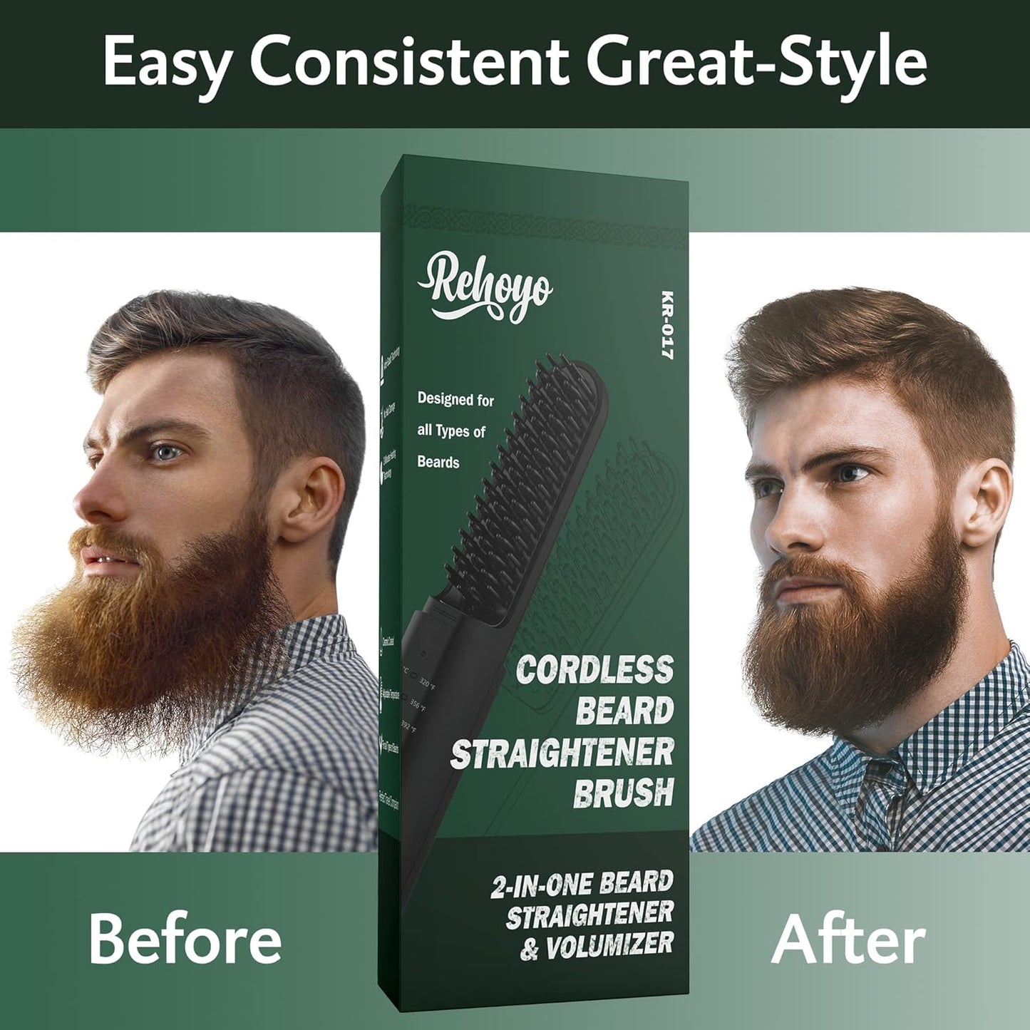 REHOYO Cordless Beard Straightener Brush | 3 Temps, Anti-Scald, Rechargeable