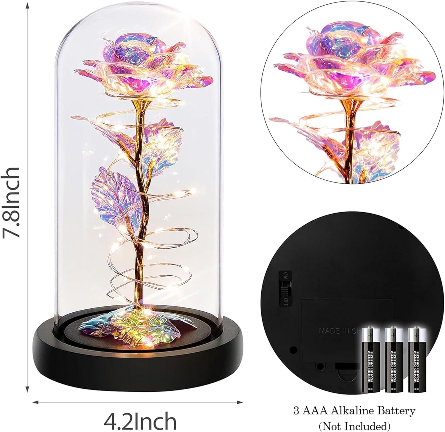LED Rainbow Roses Glass Dome | Preserved Floral Gift, Night‑Light Décor