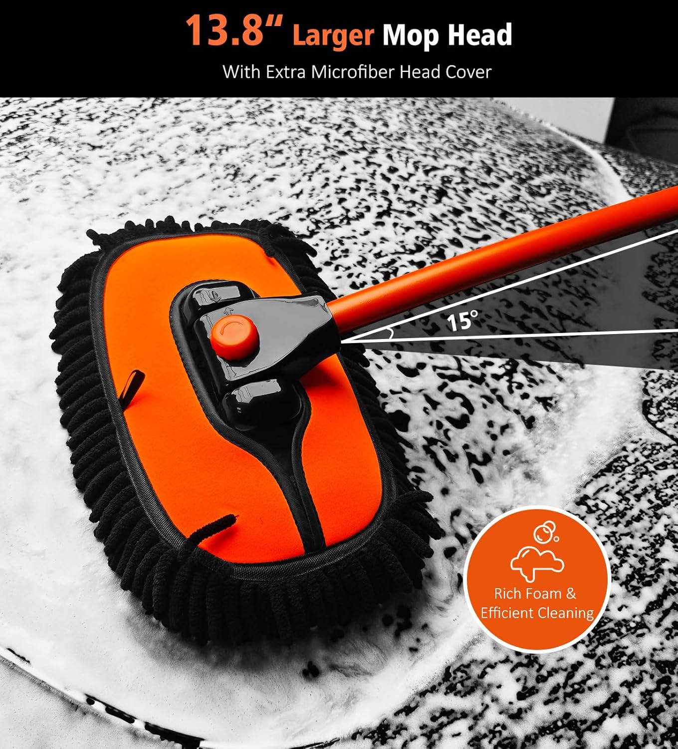 YeewayVeh 43″ Extendable Car Wash Brush Mop ‒ Soft Microfiber, Curved Head, Long Pole