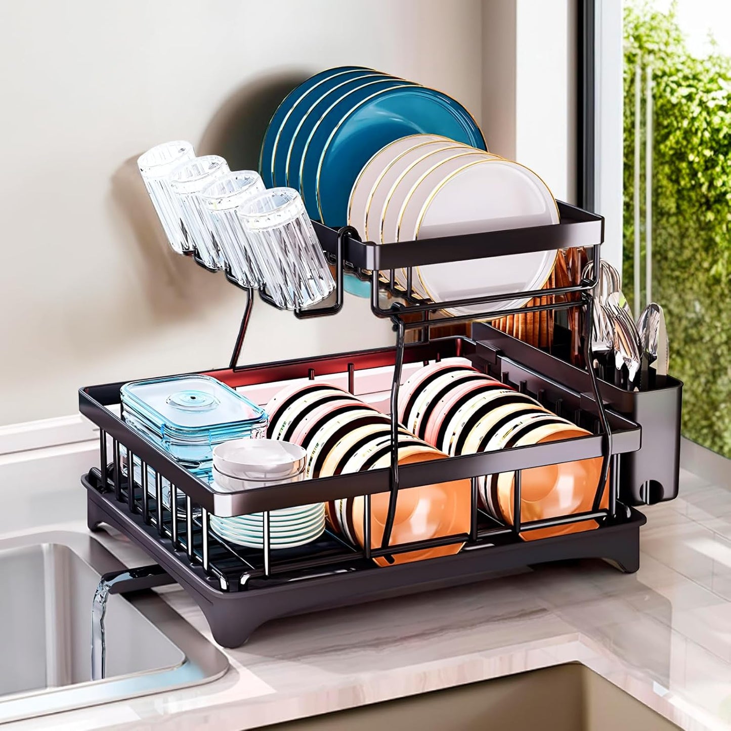 WOWZILLA 2-Tier Black Stainless Steel Dish Drainer – Space-Saving & Rust-Proof