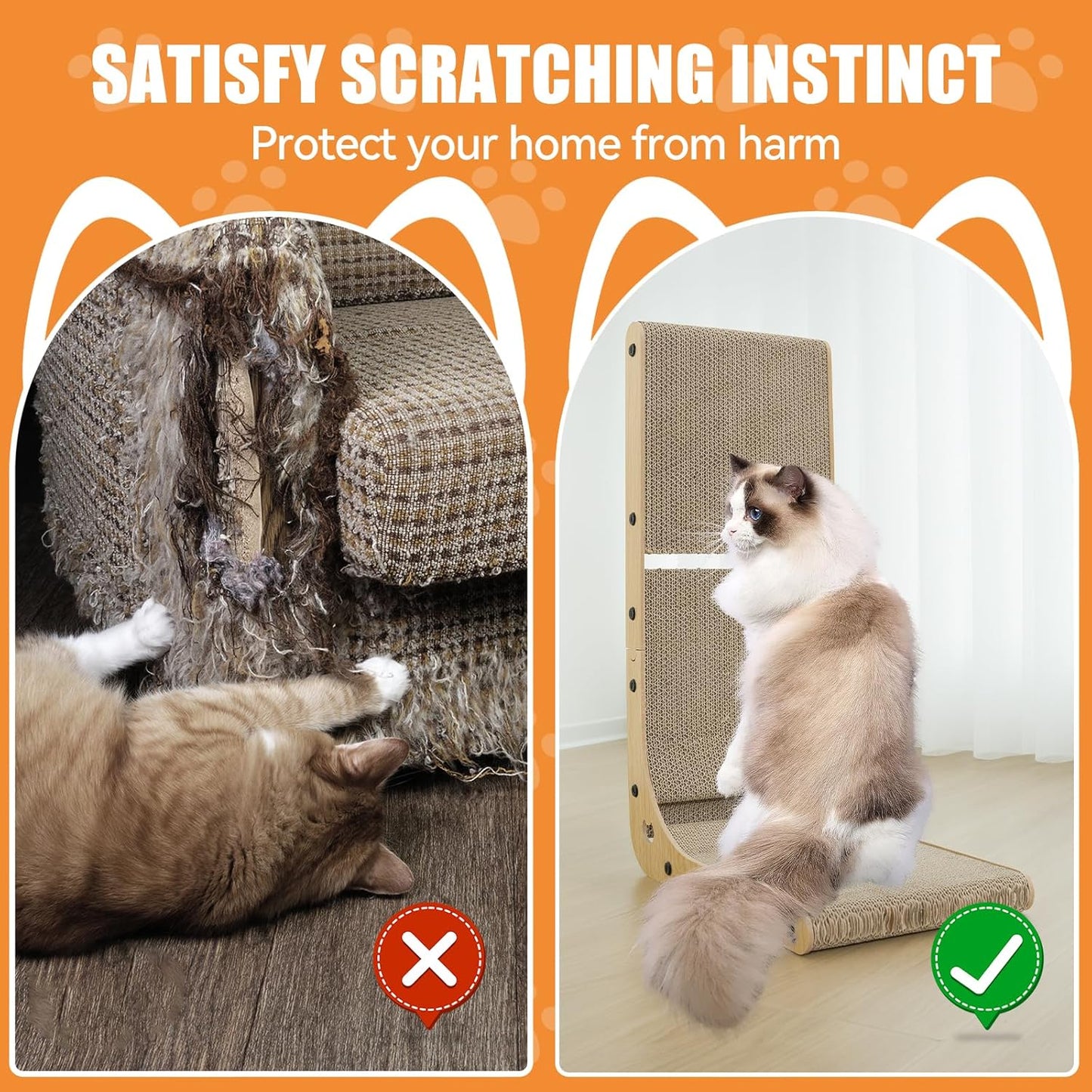 Dimaka L‑Shaped Vertical Cat Scratching Board 23.6″ – Cardboard with Catnip & Toy Ball