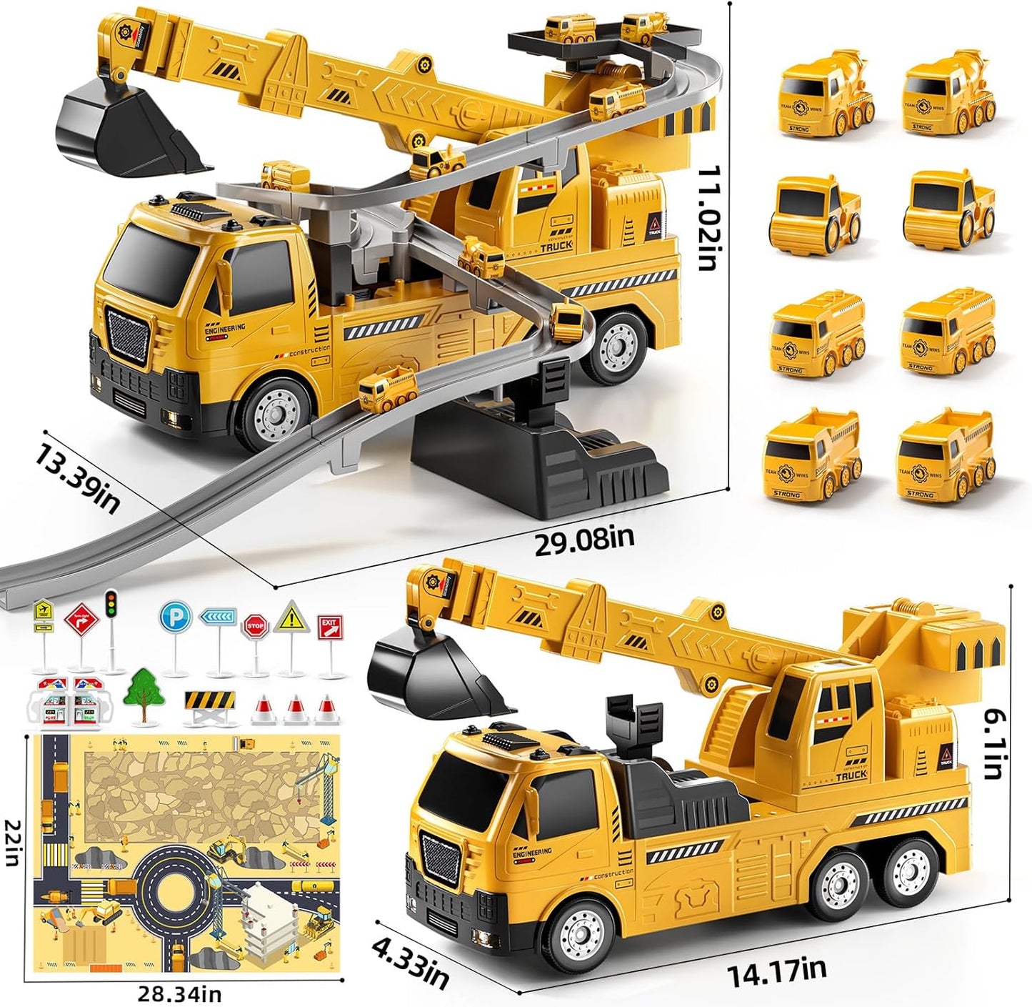 TEMI 2-in-1 Construction Truck Toy w/ LED Lights, 8 Mini Vehicles & Race Track