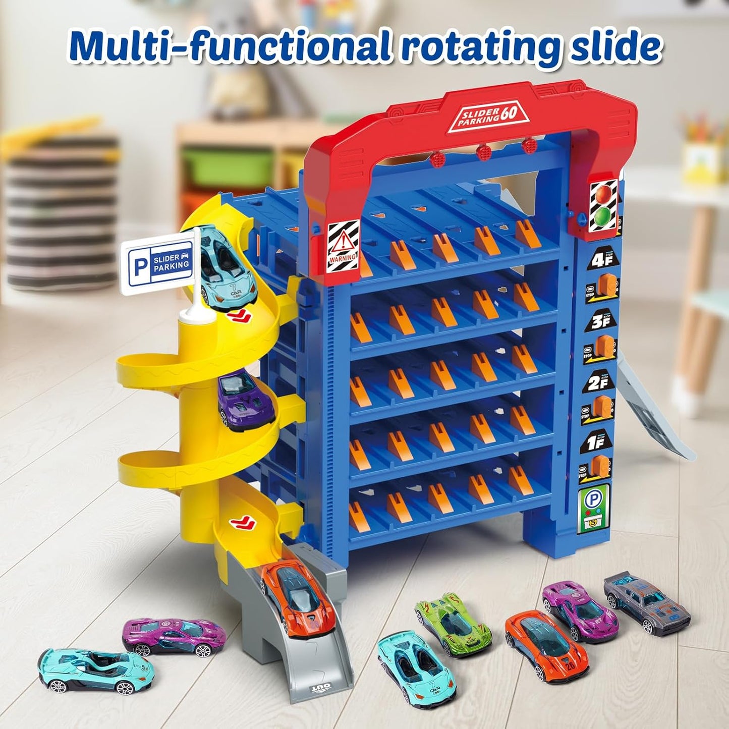 VATOS 5‑Level Sliding Track Truck Car Toy with 10 Cars – Storage & Playset