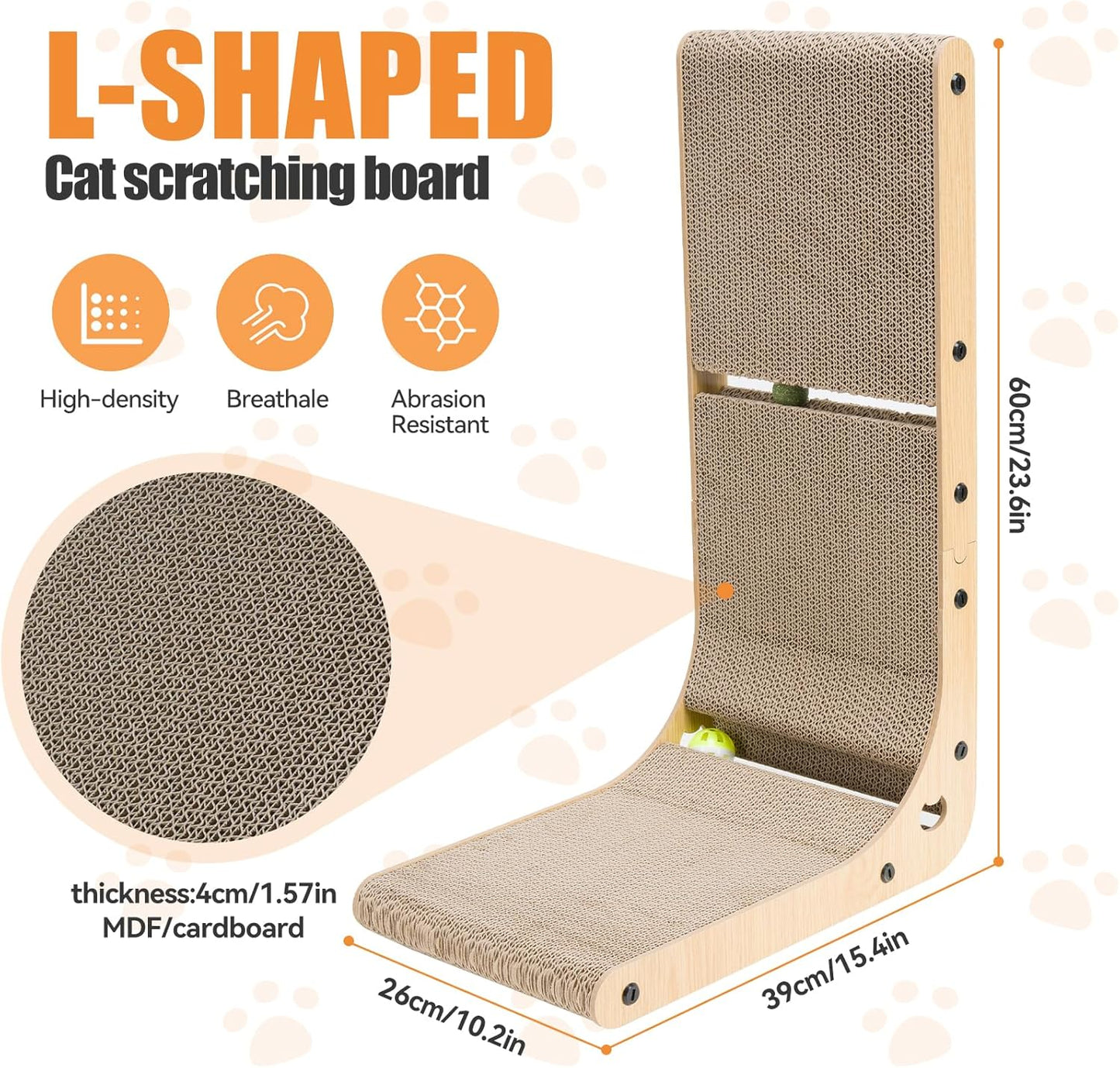 Dimaka L‑Shaped Vertical Cat Scratching Board 23.6″ – Cardboard with Catnip & Toy Ball