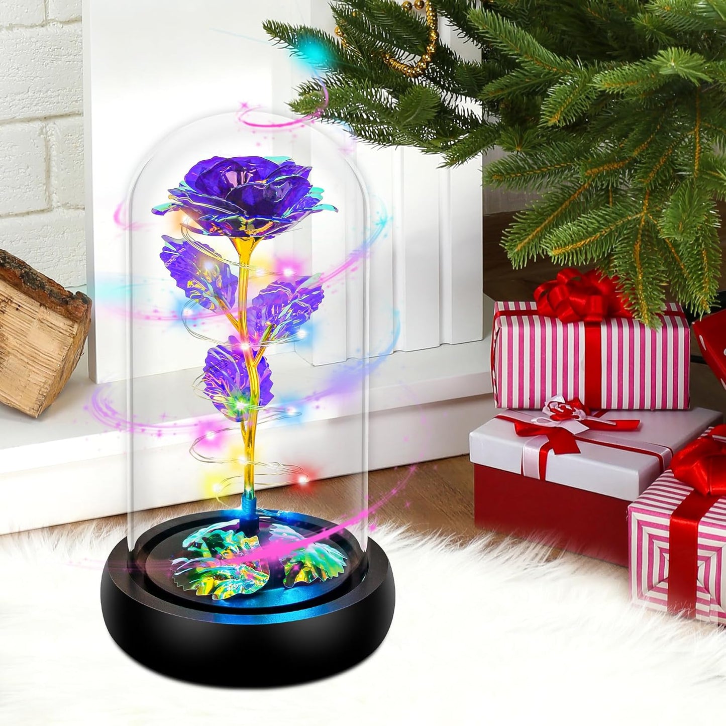 Rotating Purple LED Rose in Glass Dome – Romantic Gifts for Her, Anniversary