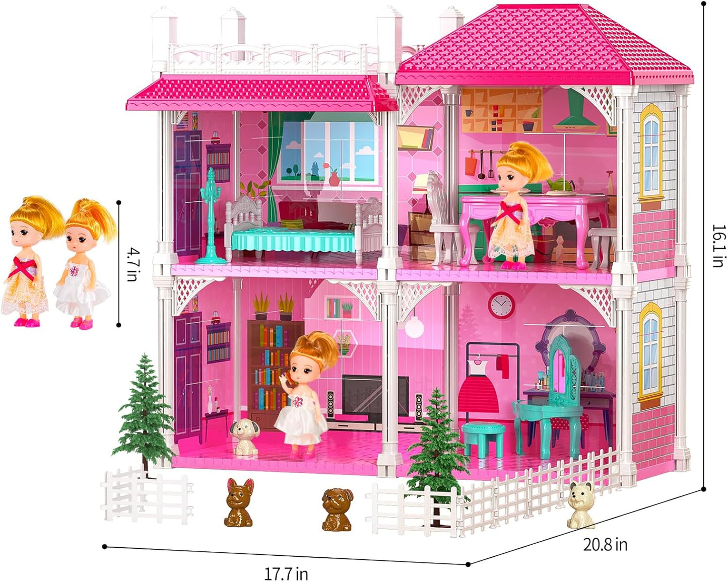 TEMI 2-Storey Luxury Doll Home - 4 Rooms + Dolls & Furniture - Gift for Girls 3-8 yrs