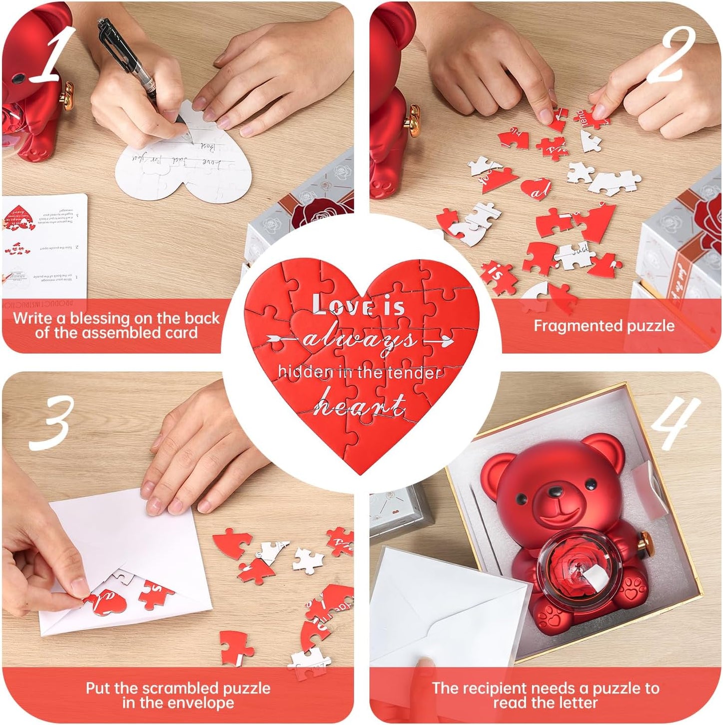 Ariceleo Red Teddy Bear with Preserved Real Rose – Romantic Keepsake Gift
