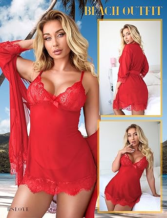 Womens Lace Babydoll Lingerie Set Sexy Nightdress Robe Sleepwear