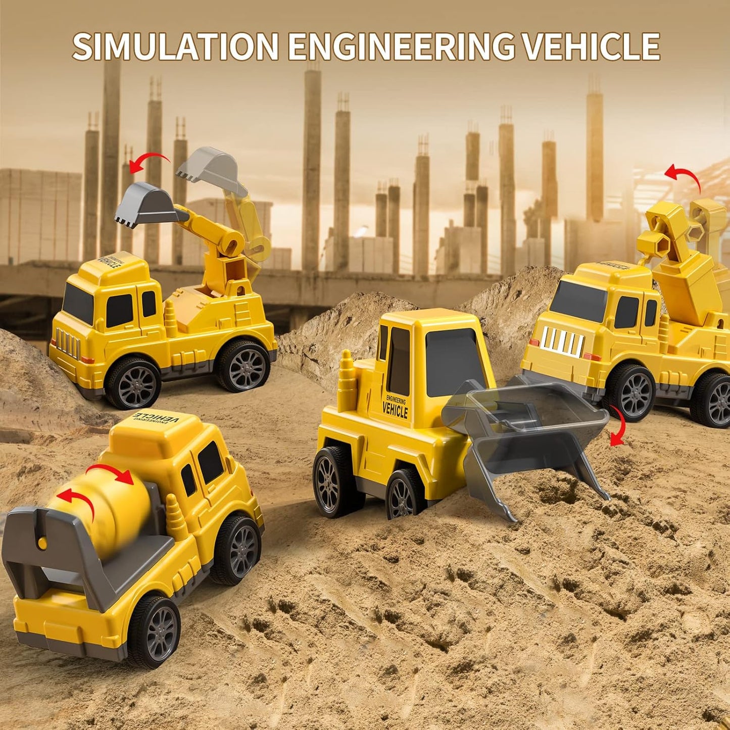 TEMI 5‑in‑1 Construction Truck Toy Set ‑ 4 Mini Vehicles, Friction Power, Ages 3‑9