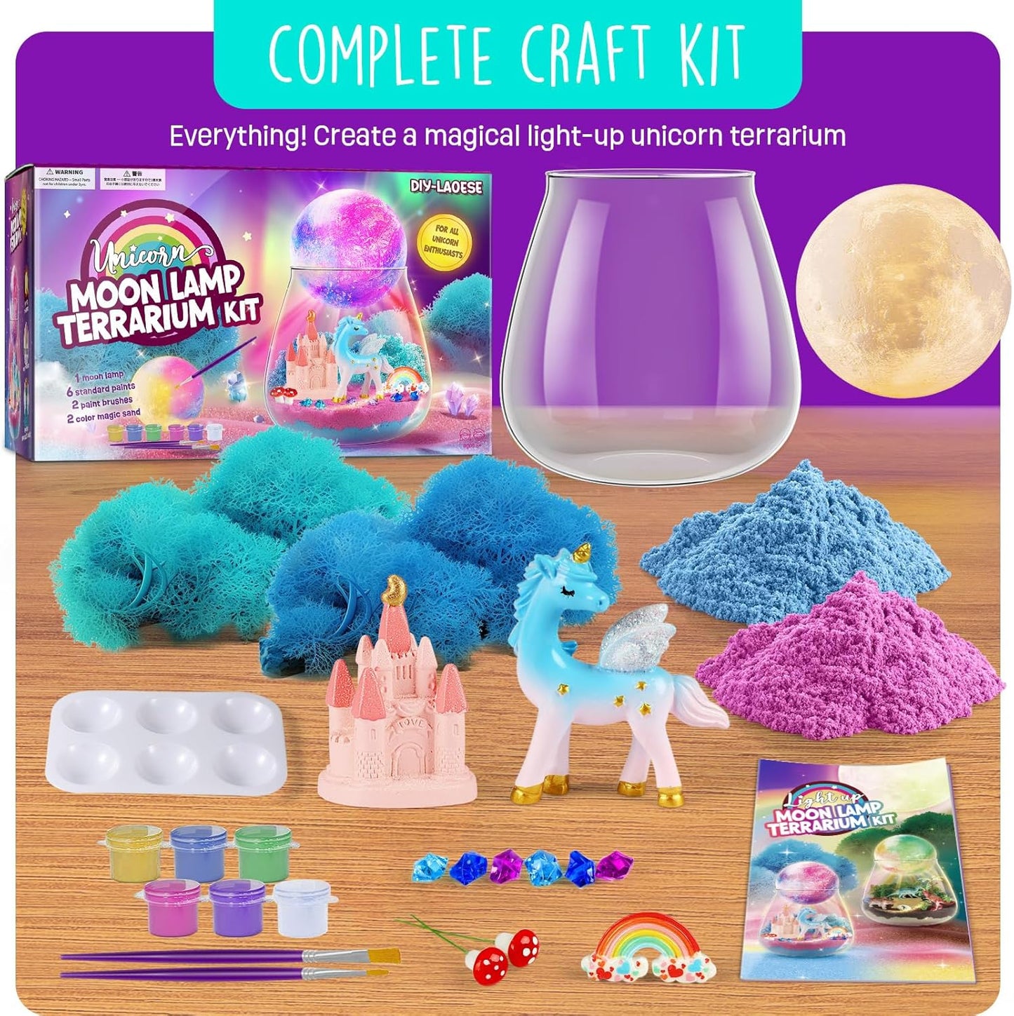 Unicorn Terrarium DIY Kit + Paintable Moon Lamp – Craft Set for Children 4-12 yrs
