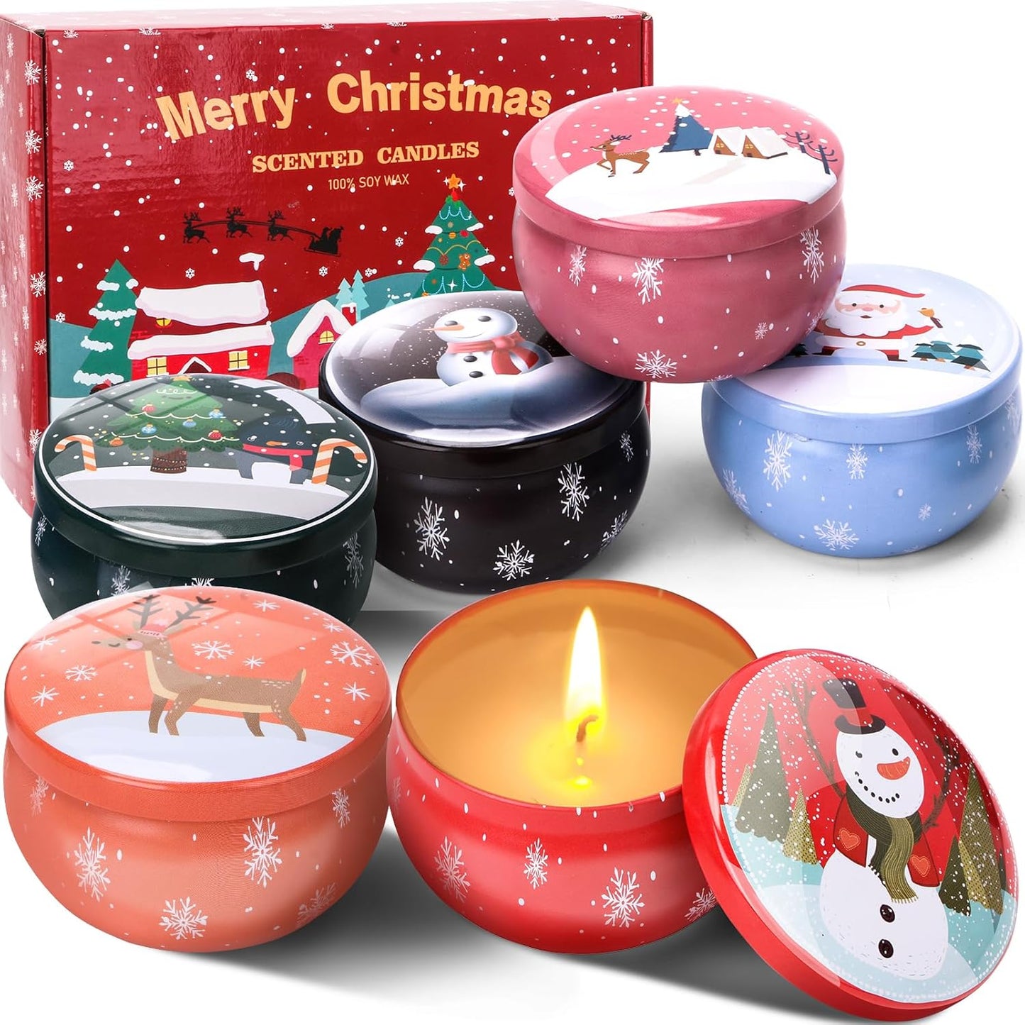 Festive 6‑pc Christmas Scented Candle Gift Set – Aromatherapy Tin Candles UK