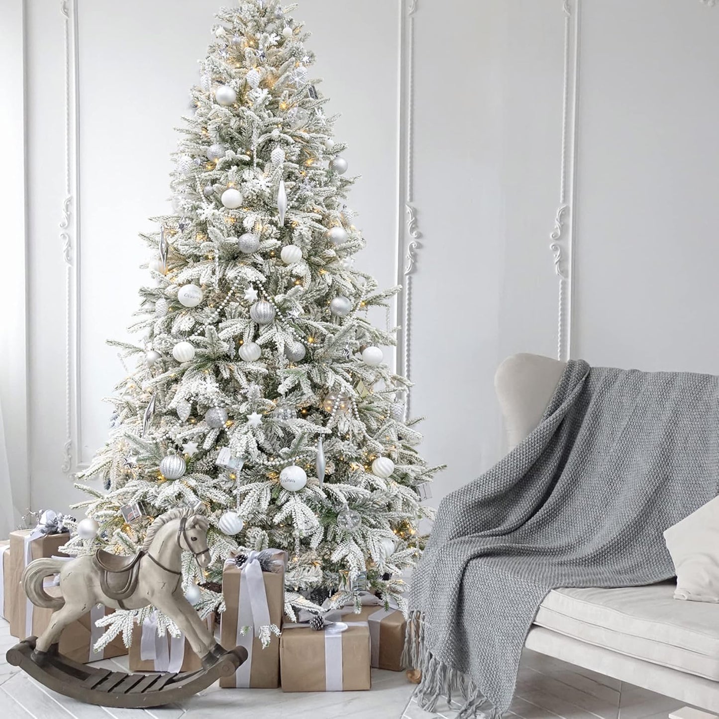 KI Store 6.5ft Flocked Christmas Tree Unlit Hinged Artificial Pine for Xmas Decor