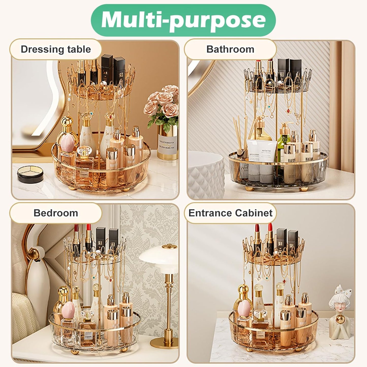 2-Tier 360° Rotating Makeup Organiser – Clear Vanity Storage for Skincare & Cosmetics