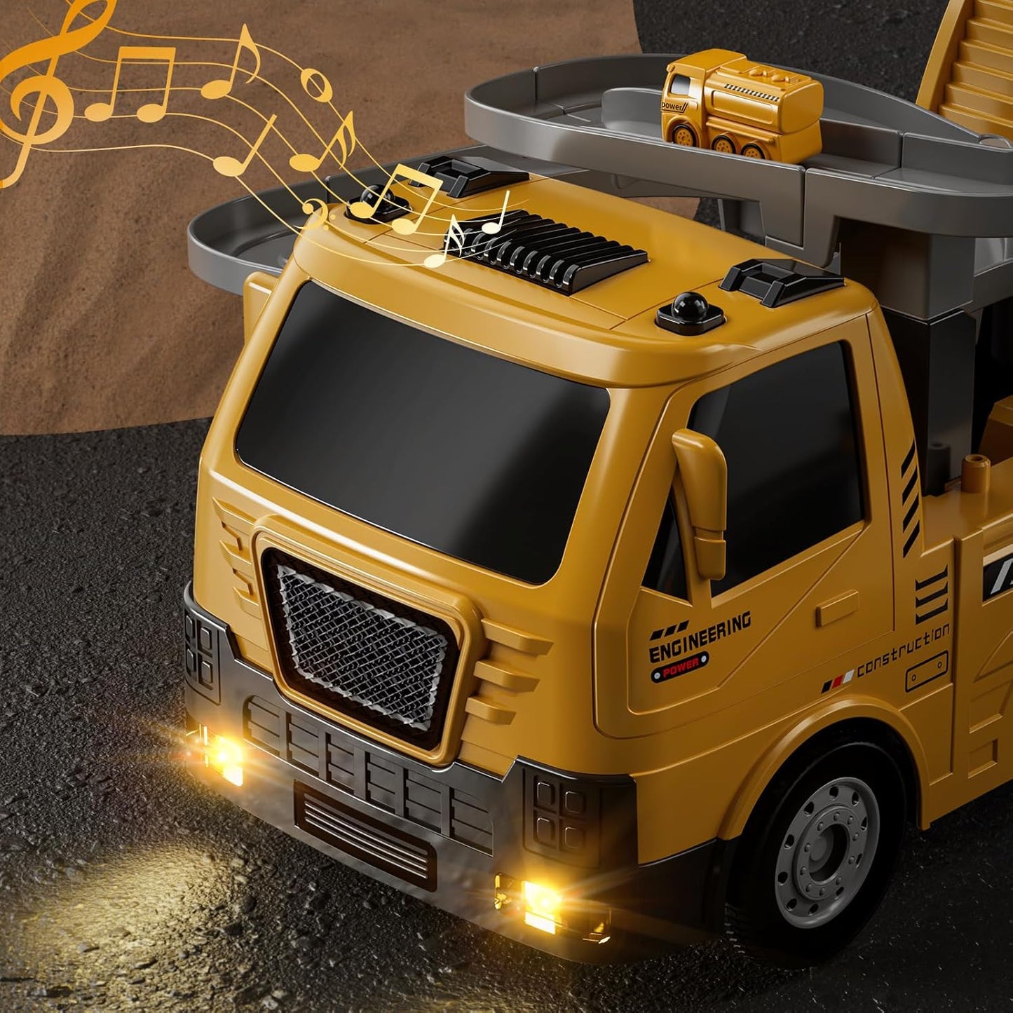 TEMI 2-in-1 Construction Truck Toy w/ LED Lights, 8 Mini Vehicles & Race Track