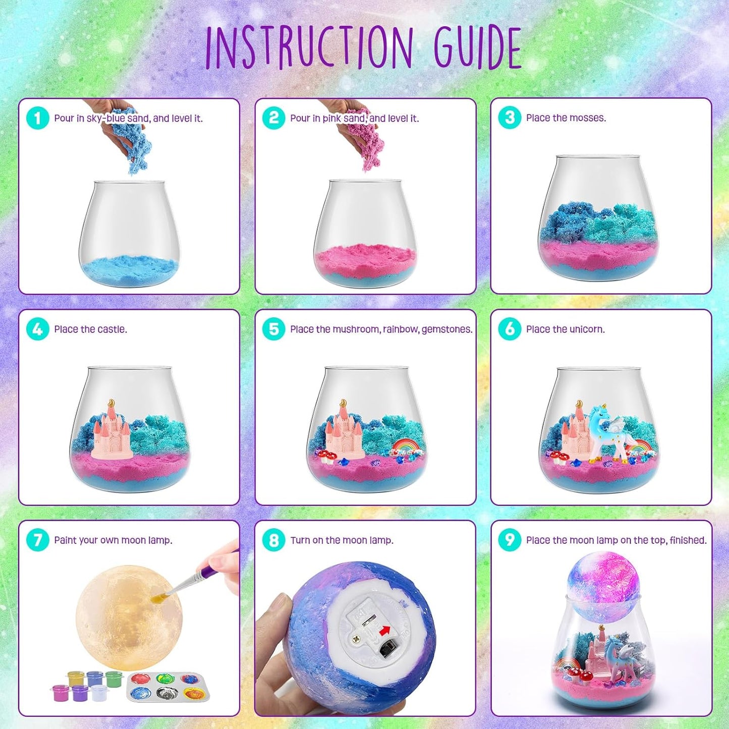 Unicorn Terrarium DIY Kit + Paintable Moon Lamp – Craft Set for Children 4-12 yrs