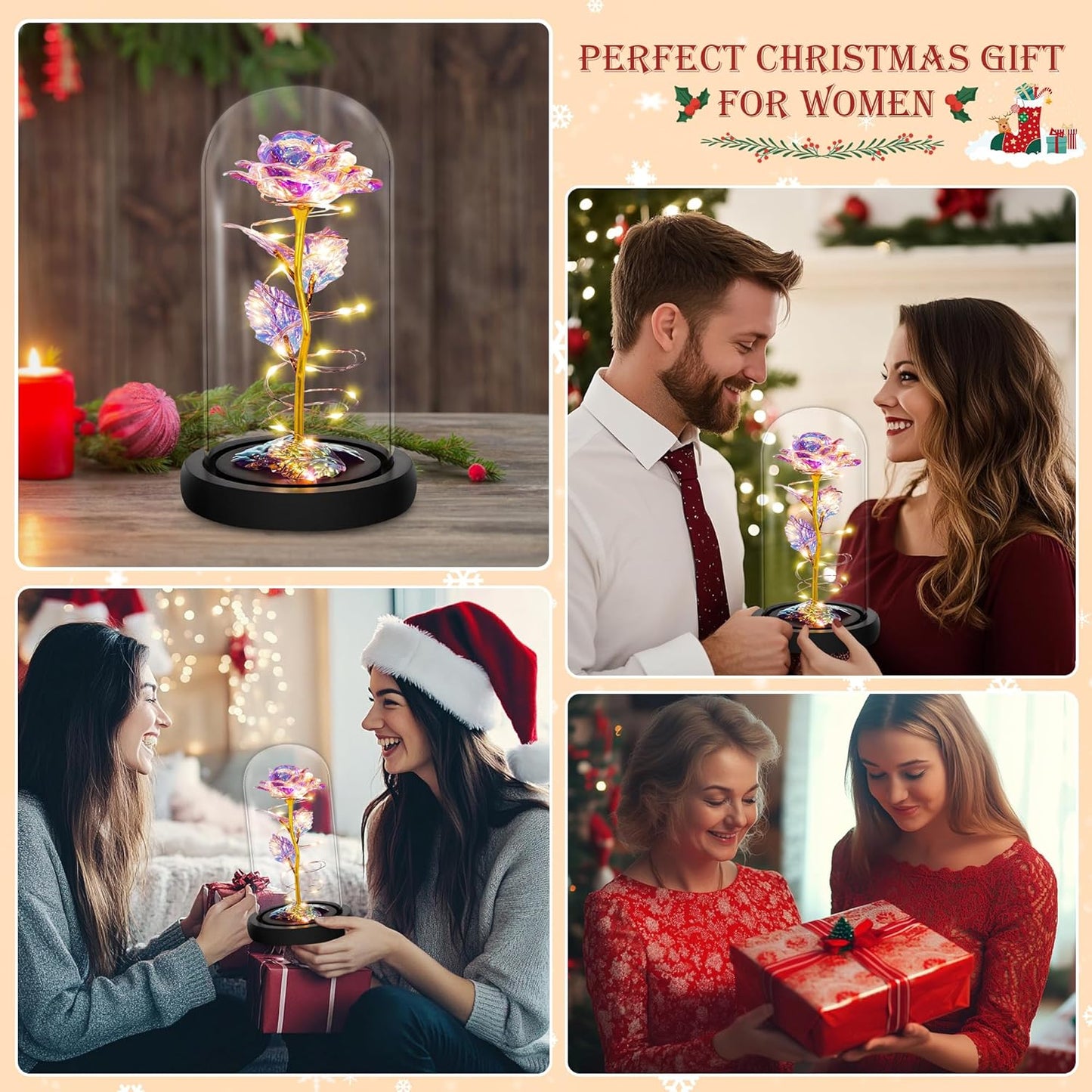 LED Rainbow Roses Glass Dome | Preserved Floral Gift, Night‑Light Décor
