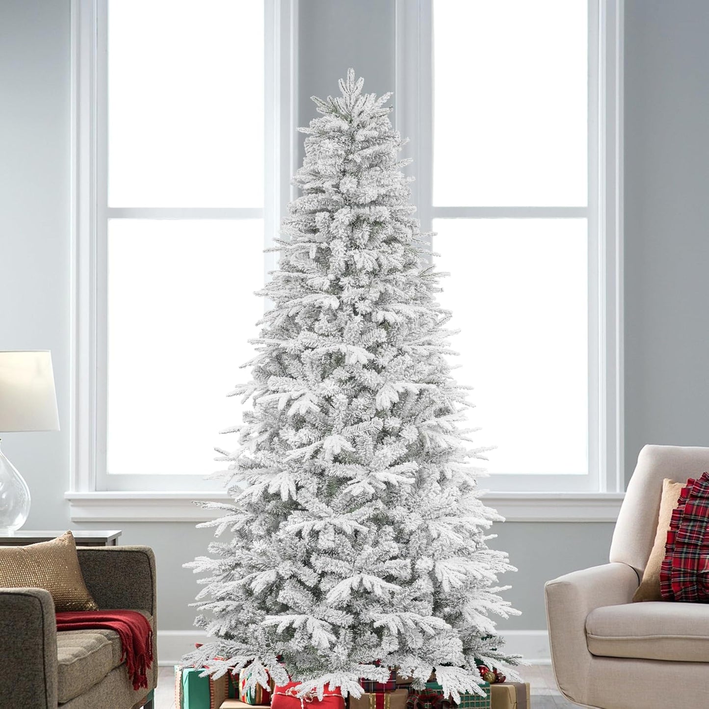 KI Store 6.5ft Flocked Christmas Tree Unlit Hinged Artificial Pine for Xmas Decor