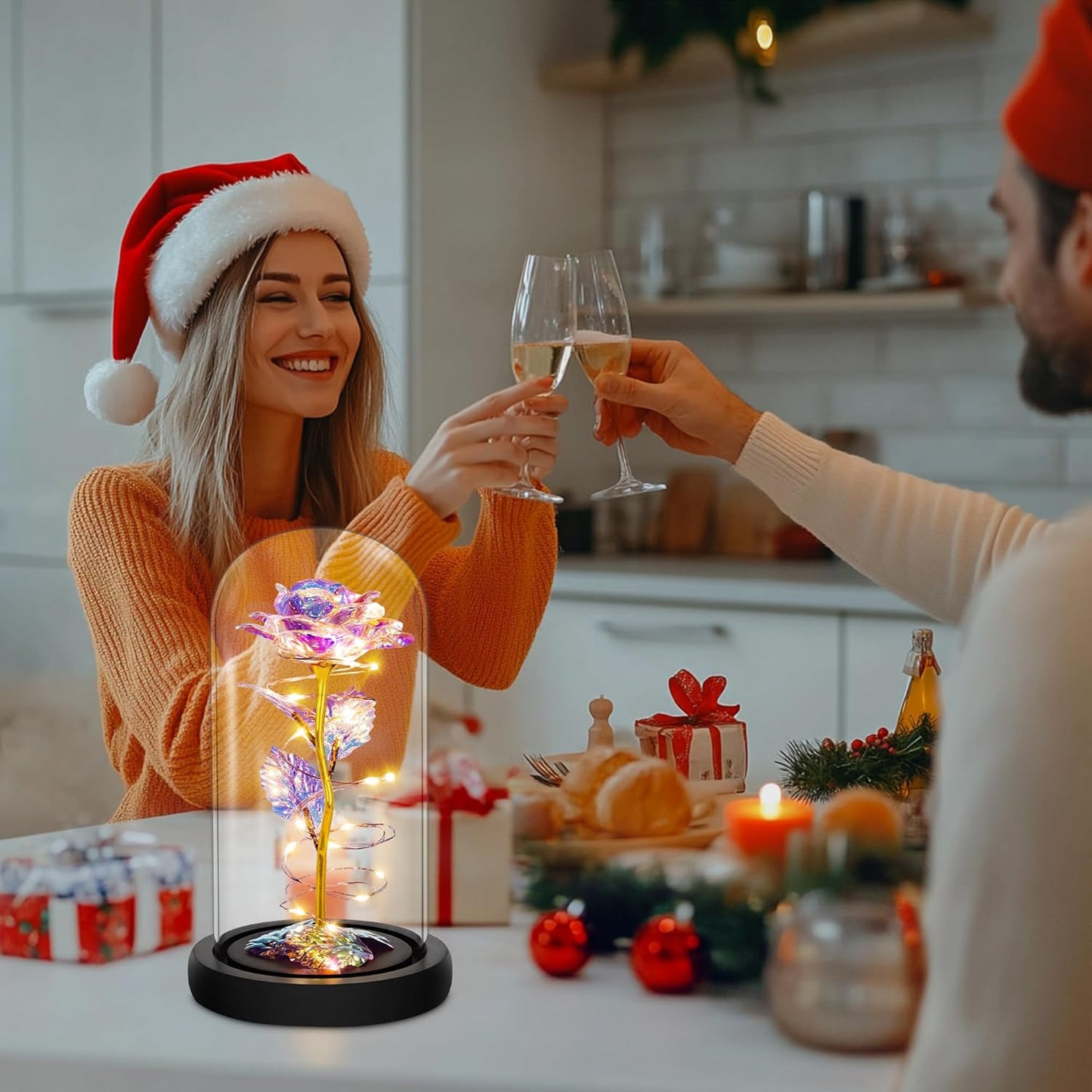 LED Rainbow Roses Glass Dome | Preserved Floral Gift, Night‑Light Décor