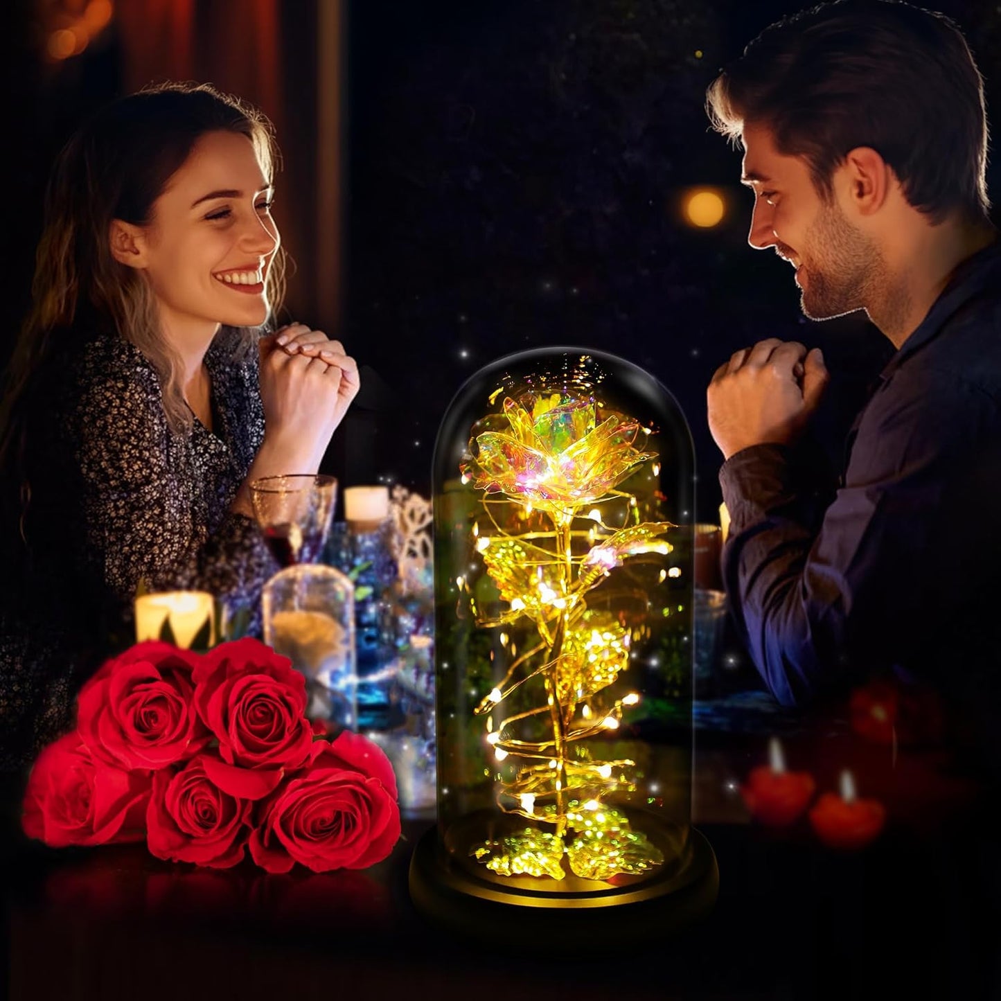 LED Rainbow Roses Glass Dome | Preserved Floral Gift, Night‑Light Décor