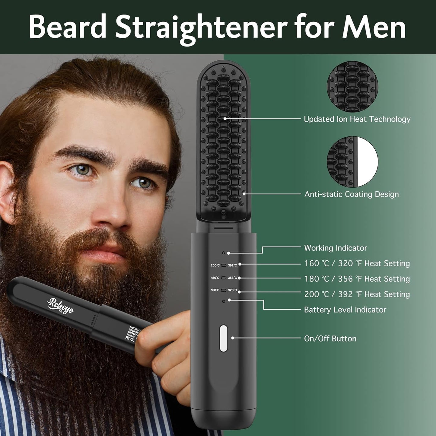REHOYO Cordless Beard Straightener Brush | 3 Temps, Anti-Scald, Rechargeable