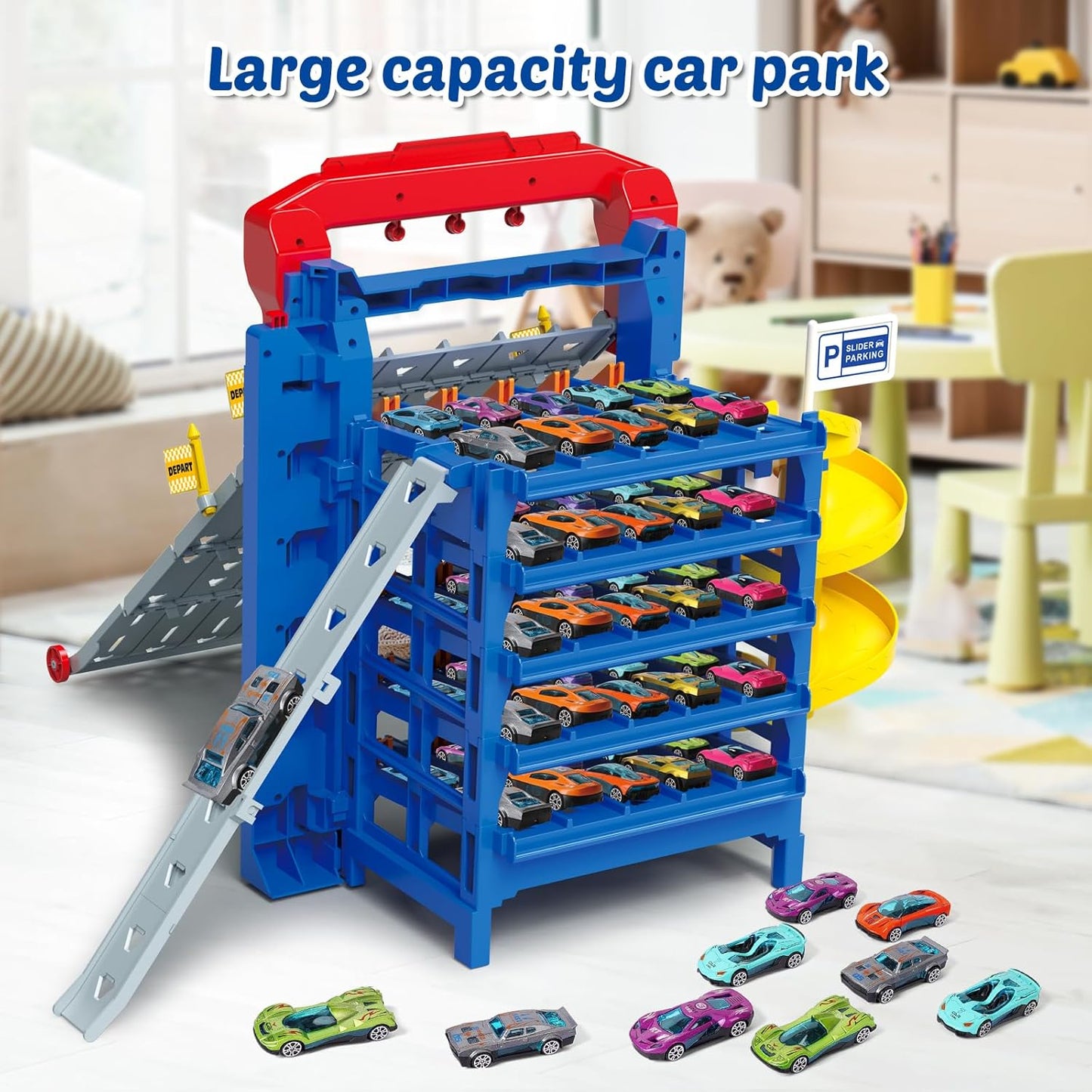 VATOS 5‑Level Sliding Track Truck Car Toy with 10 Cars – Storage & Playset