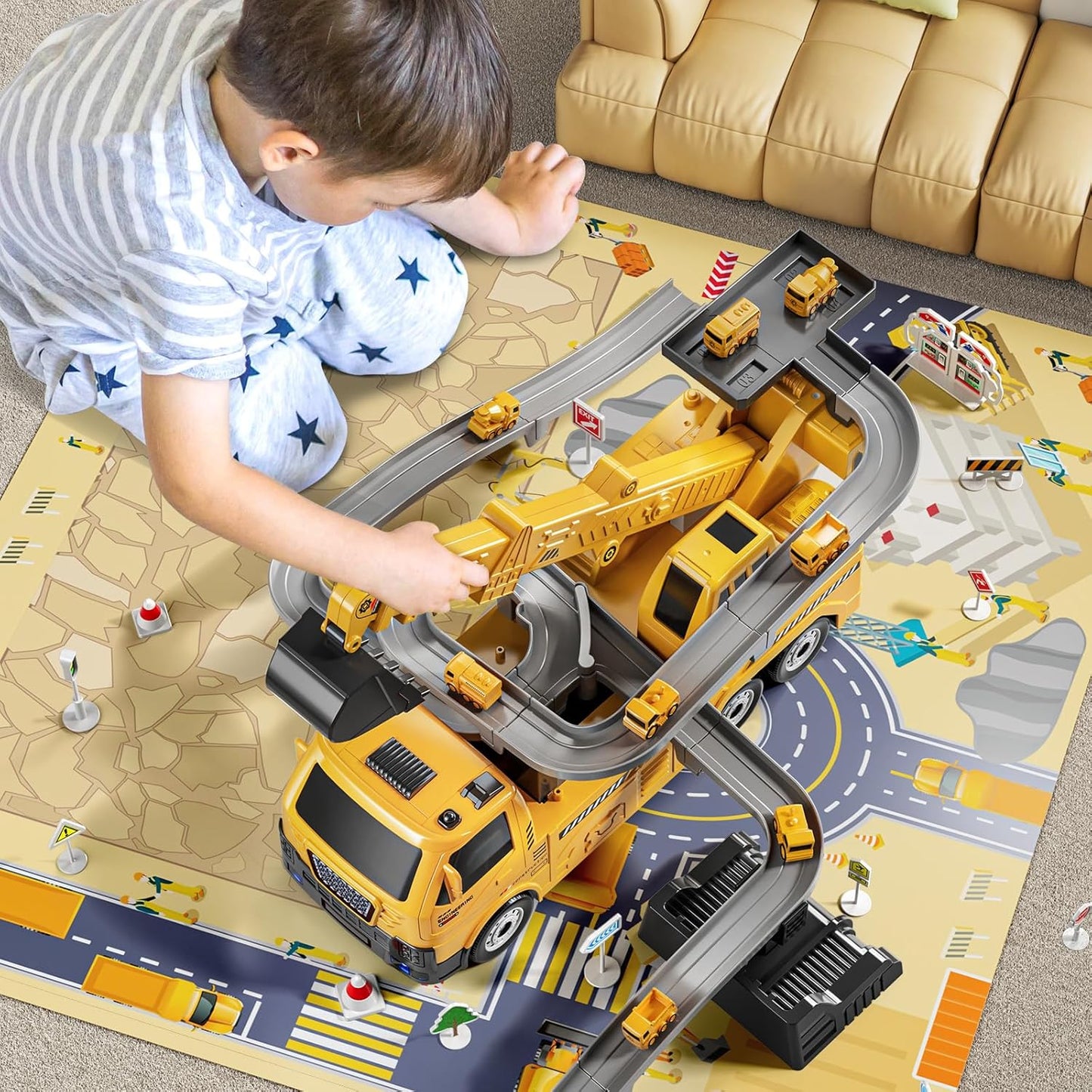TEMI 2-in-1 Construction Truck Toy w/ LED Lights, 8 Mini Vehicles & Race Track