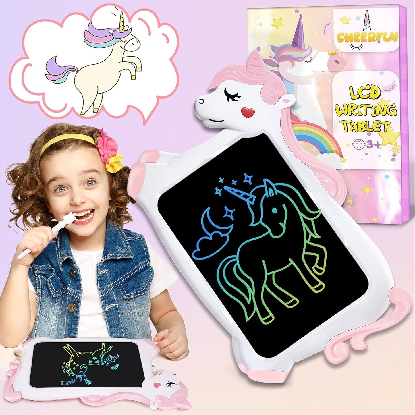 CHEERFUN 10-Inch Unicorn LCD Drawing Tablet – Pink Mess-Free Writing Board for Kids