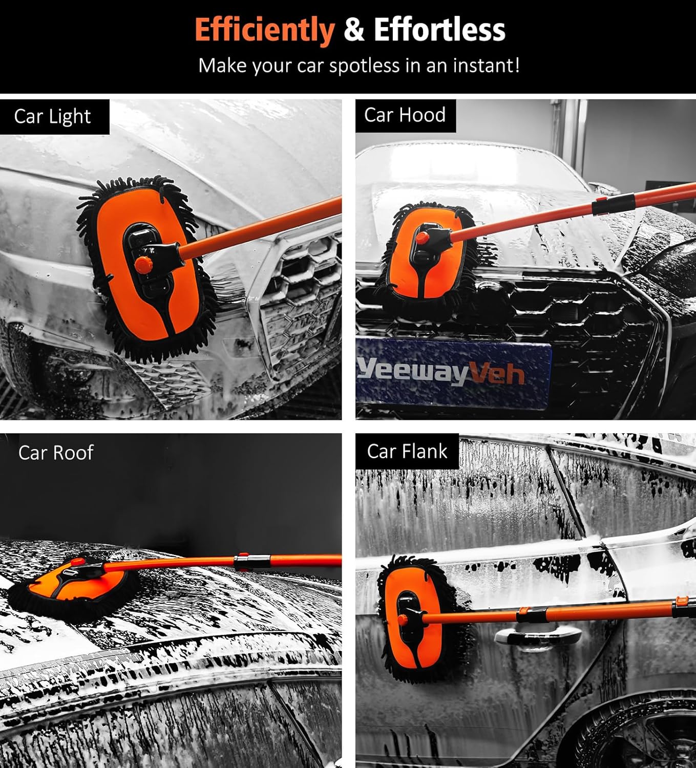YeewayVeh 43″ Extendable Car Wash Brush Mop ‒ Soft Microfiber, Curved Head, Long Pole