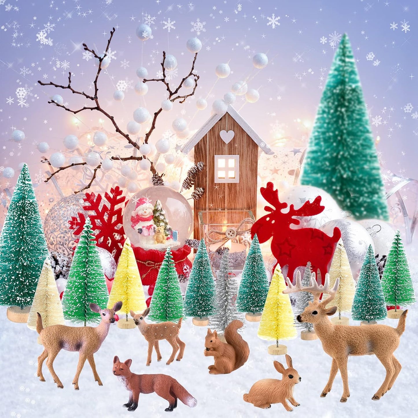 PLULON 30-Pc Mini Xmas Trees & Woodland Animals Kit – Bottle Brush, Rustic Village Décor