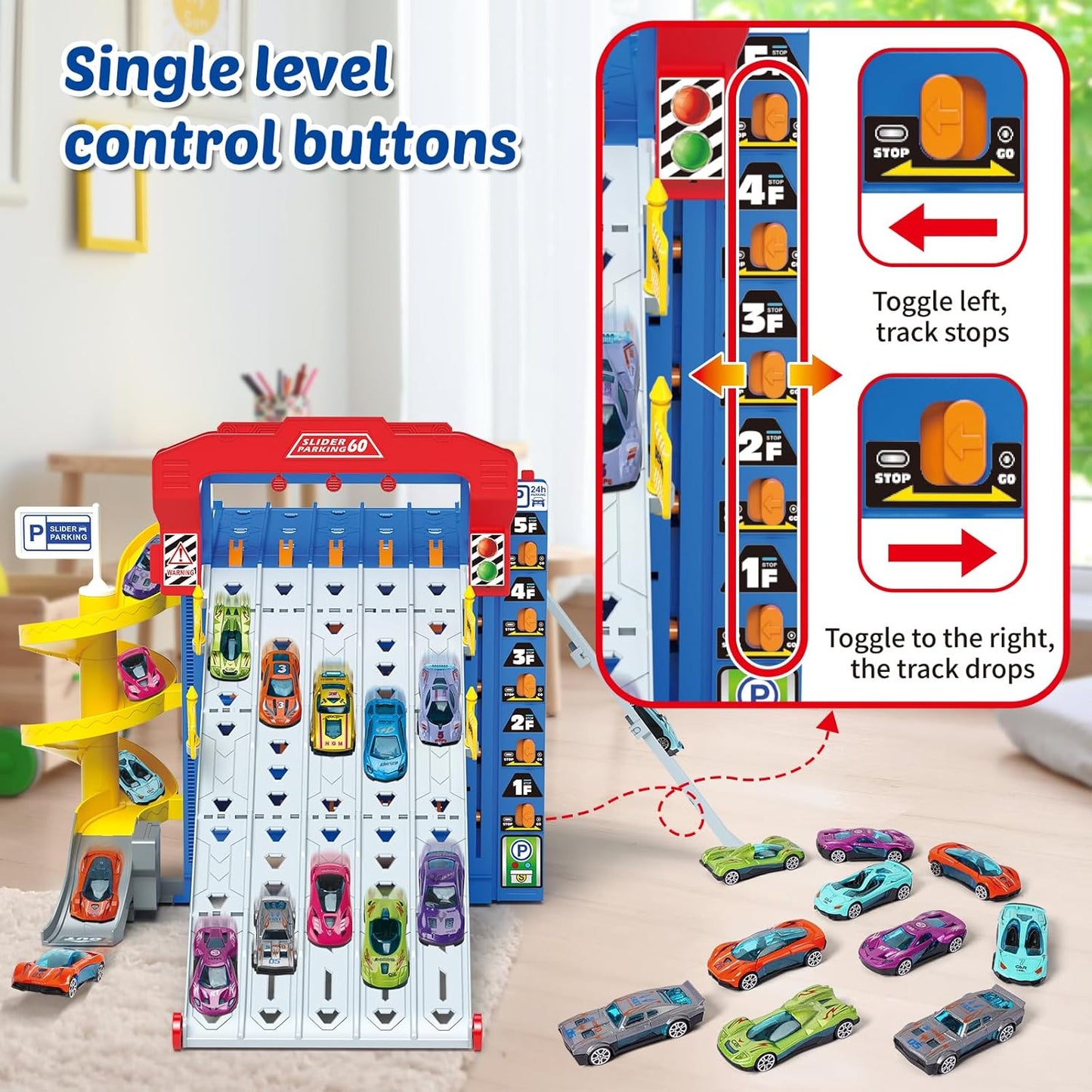 VATOS 5‑Level Sliding Track Truck Car Toy with 10 Cars – Storage & Playset