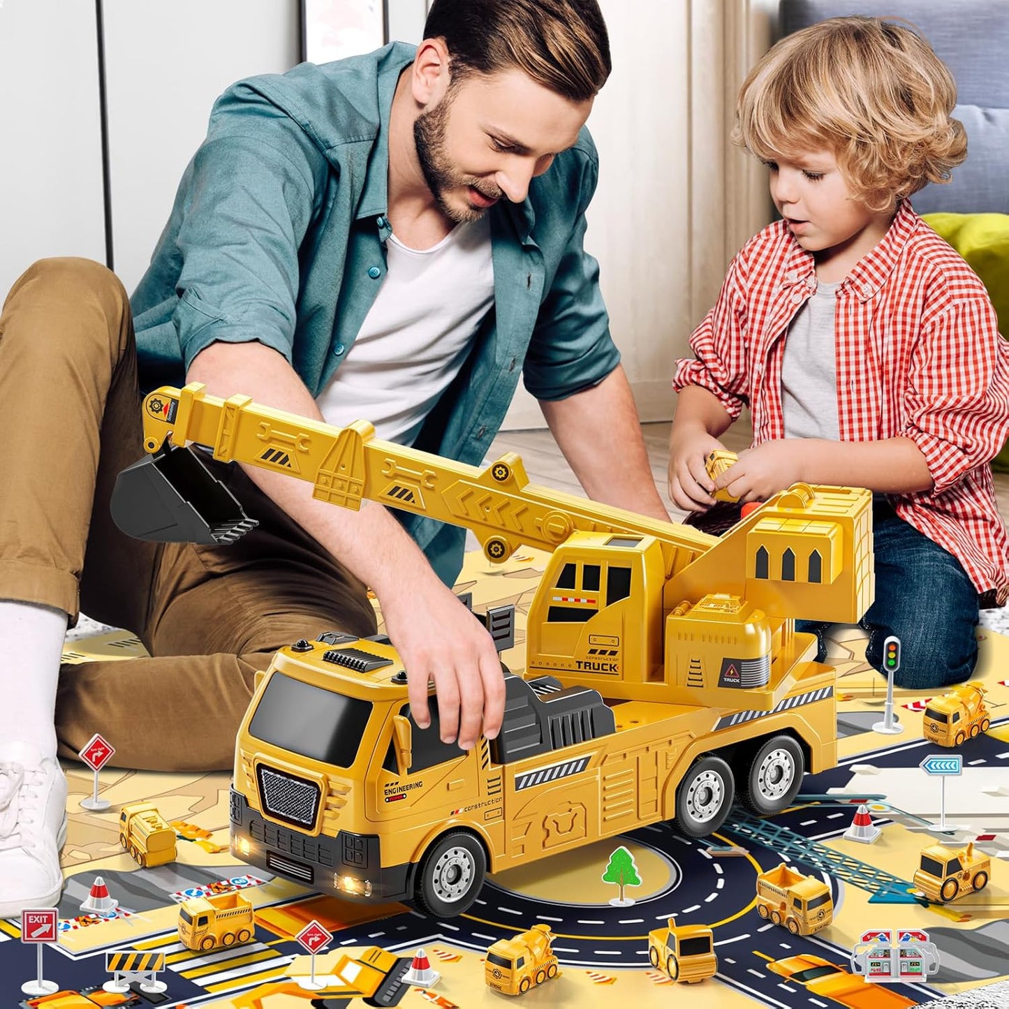TEMI 2-in-1 Construction Truck Toy w/ LED Lights, 8 Mini Vehicles & Race Track