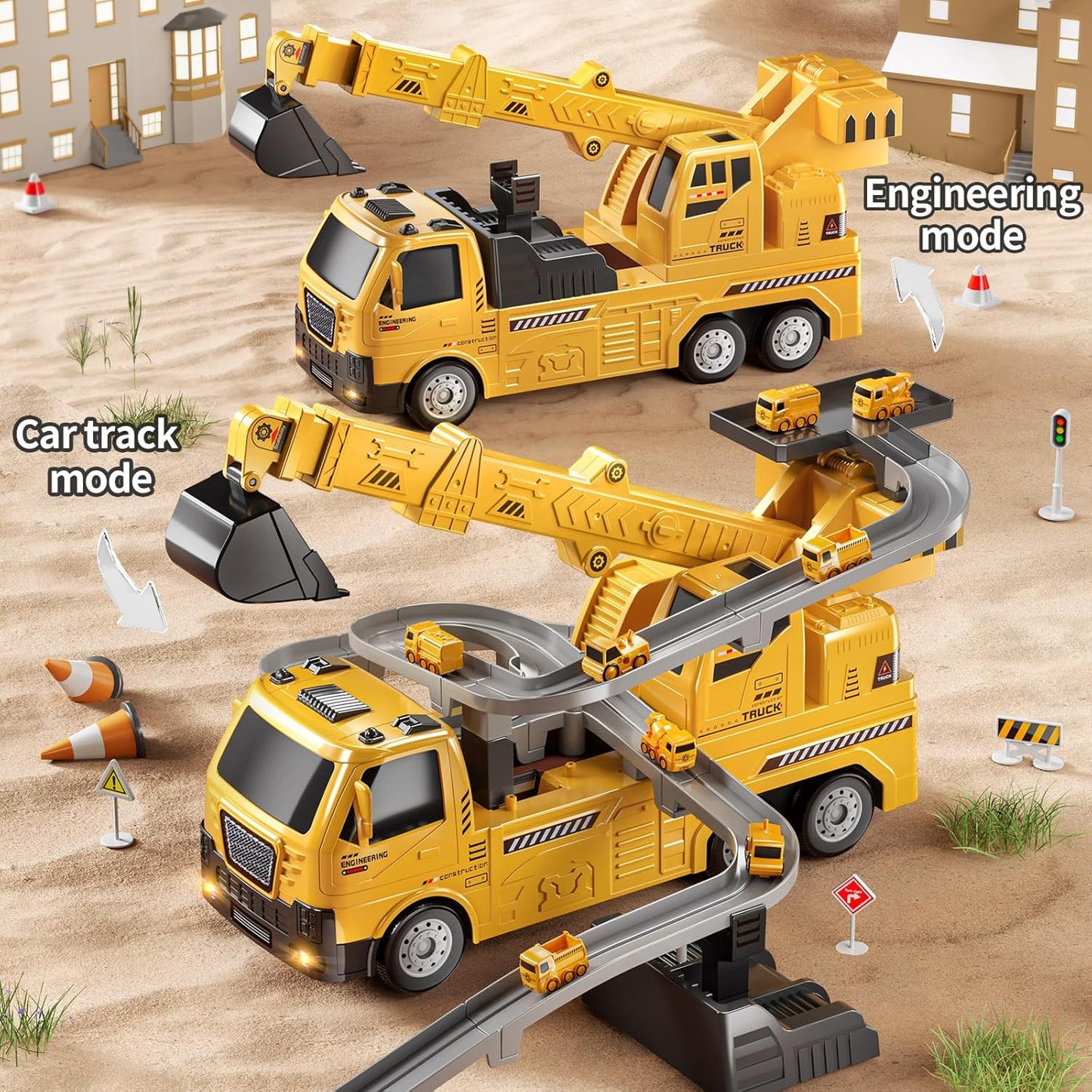 TEMI 2-in-1 Construction Truck Toy w/ LED Lights, 8 Mini Vehicles & Race Track