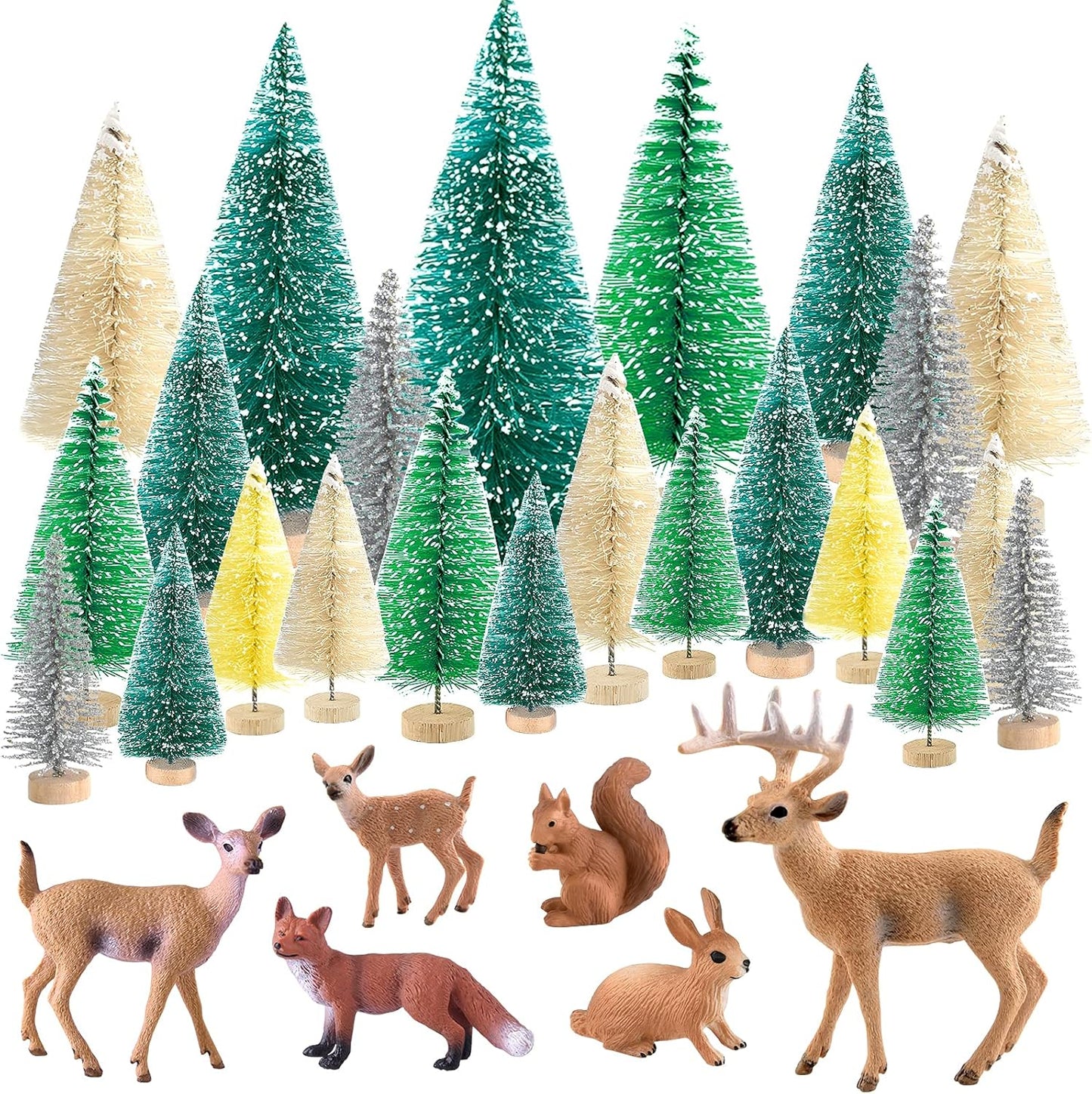 PLULON 30-Pc Mini Xmas Trees & Woodland Animals Kit – Bottle Brush, Rustic Village Décor