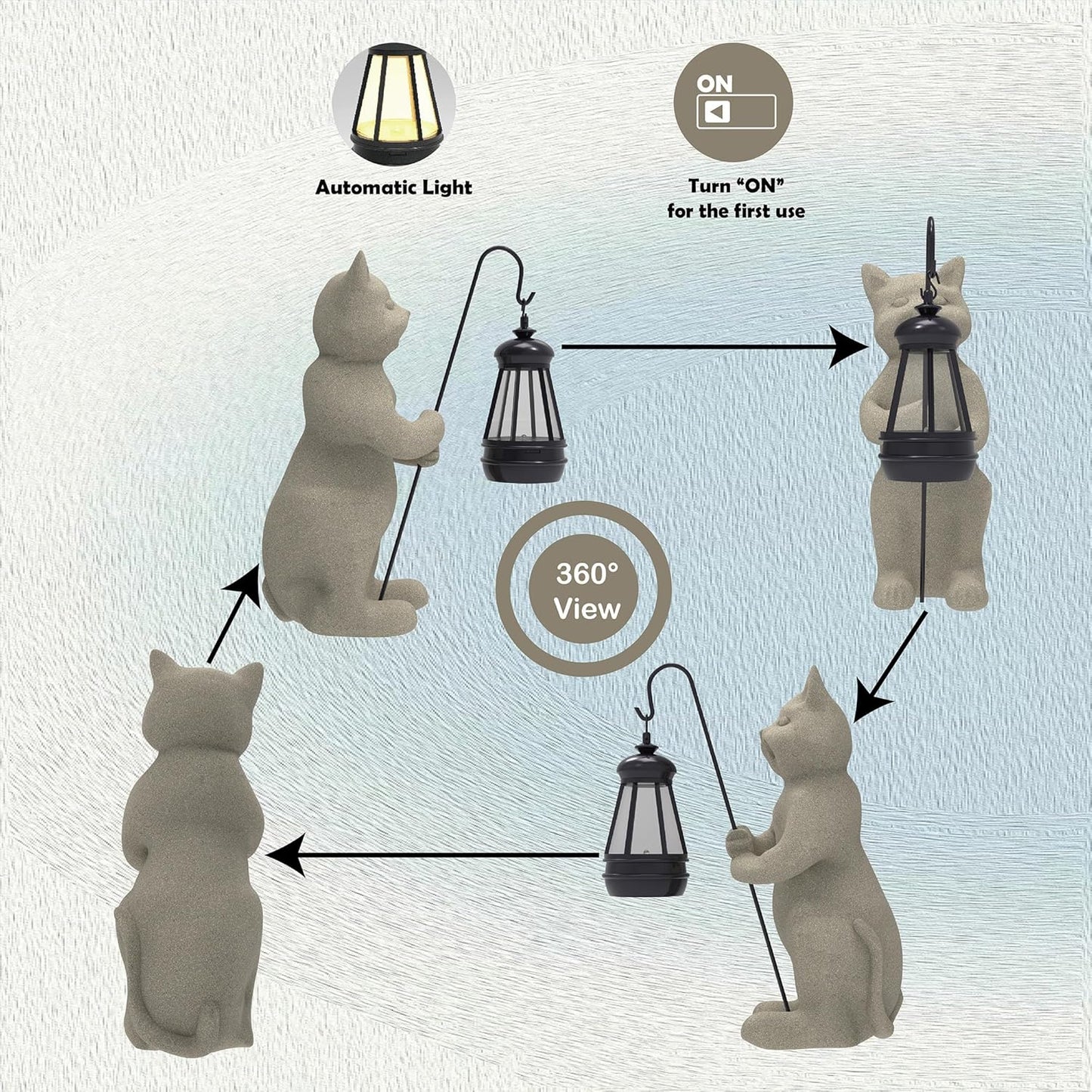Solar Cat Garden Statue with Lantern – 10" Resin, Waterproof, Solar Powered